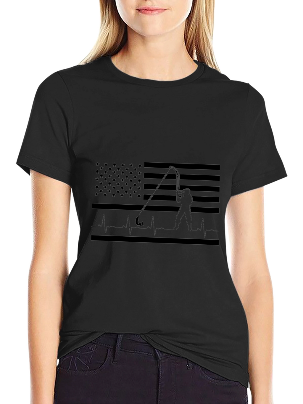 Fishing American Flag Heartbeat T-Shirt