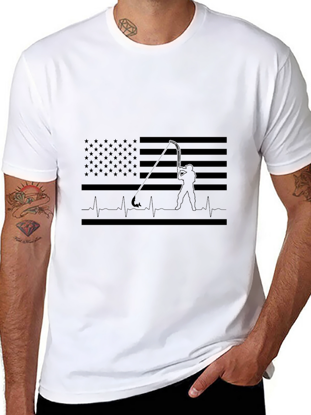 Fishing American Flag Heartbeat T-Shirt
