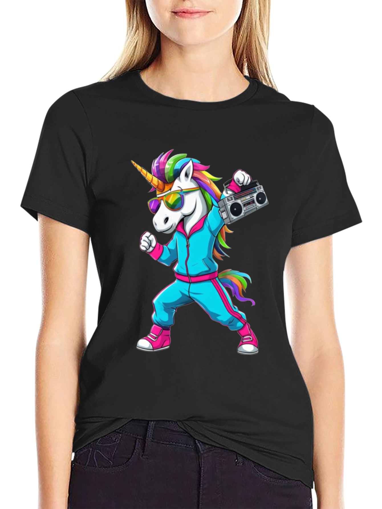 Retro Unicorn Boombox T-Shirt - Black