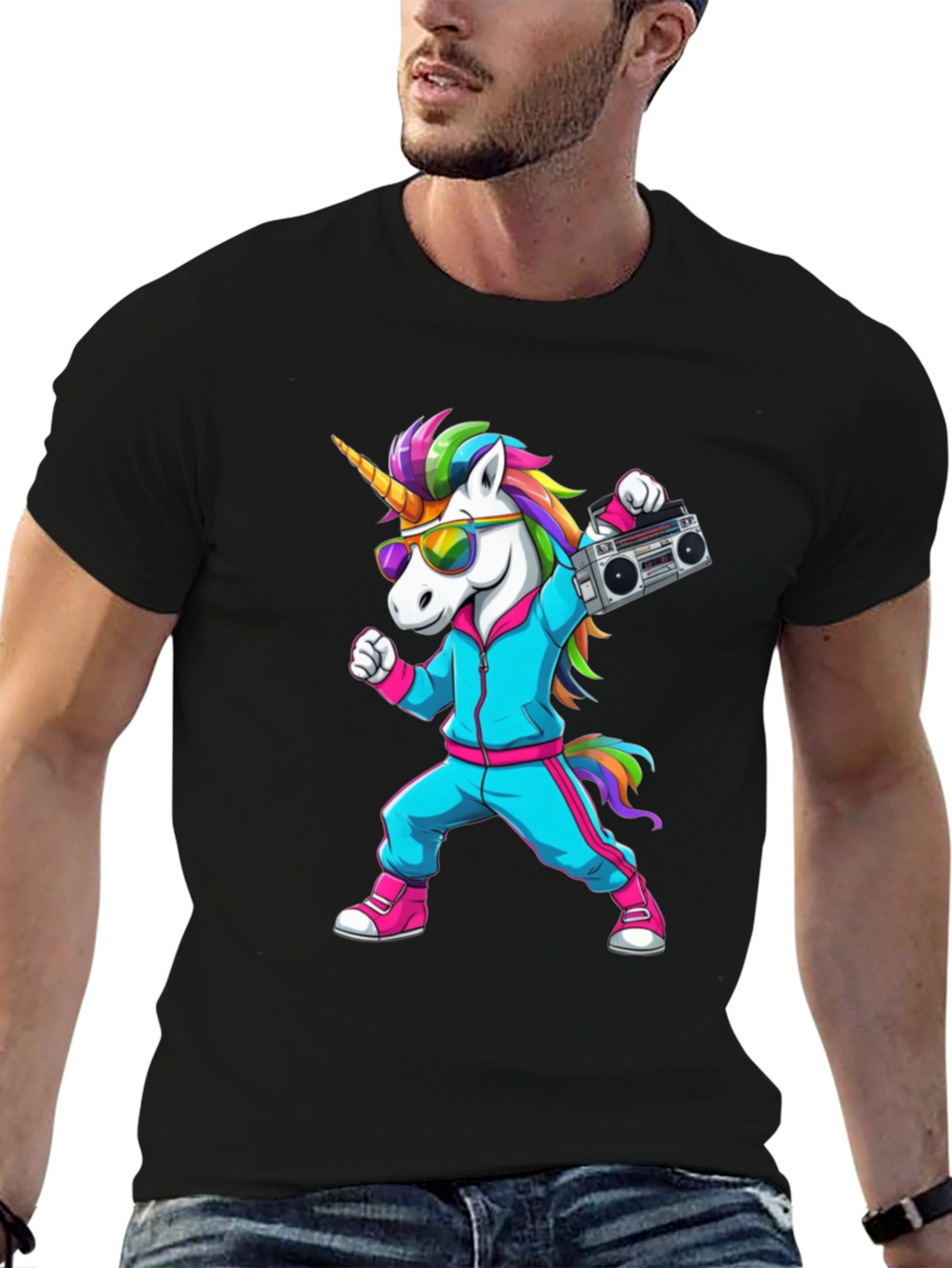 Retro Unicorn Boombox T-Shirt - Black