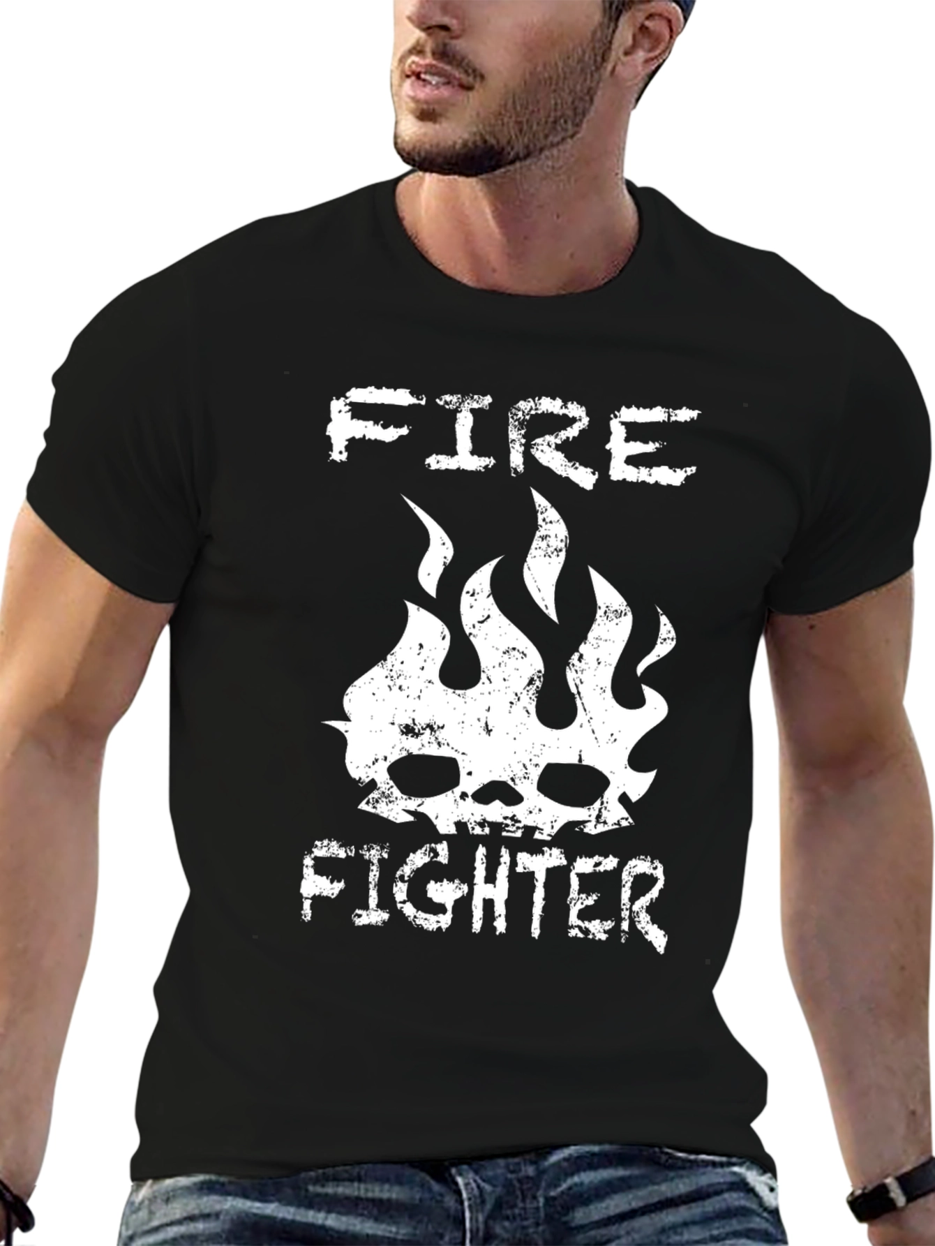 Fire Fighter Graphic Tee - Skull & Flames Design