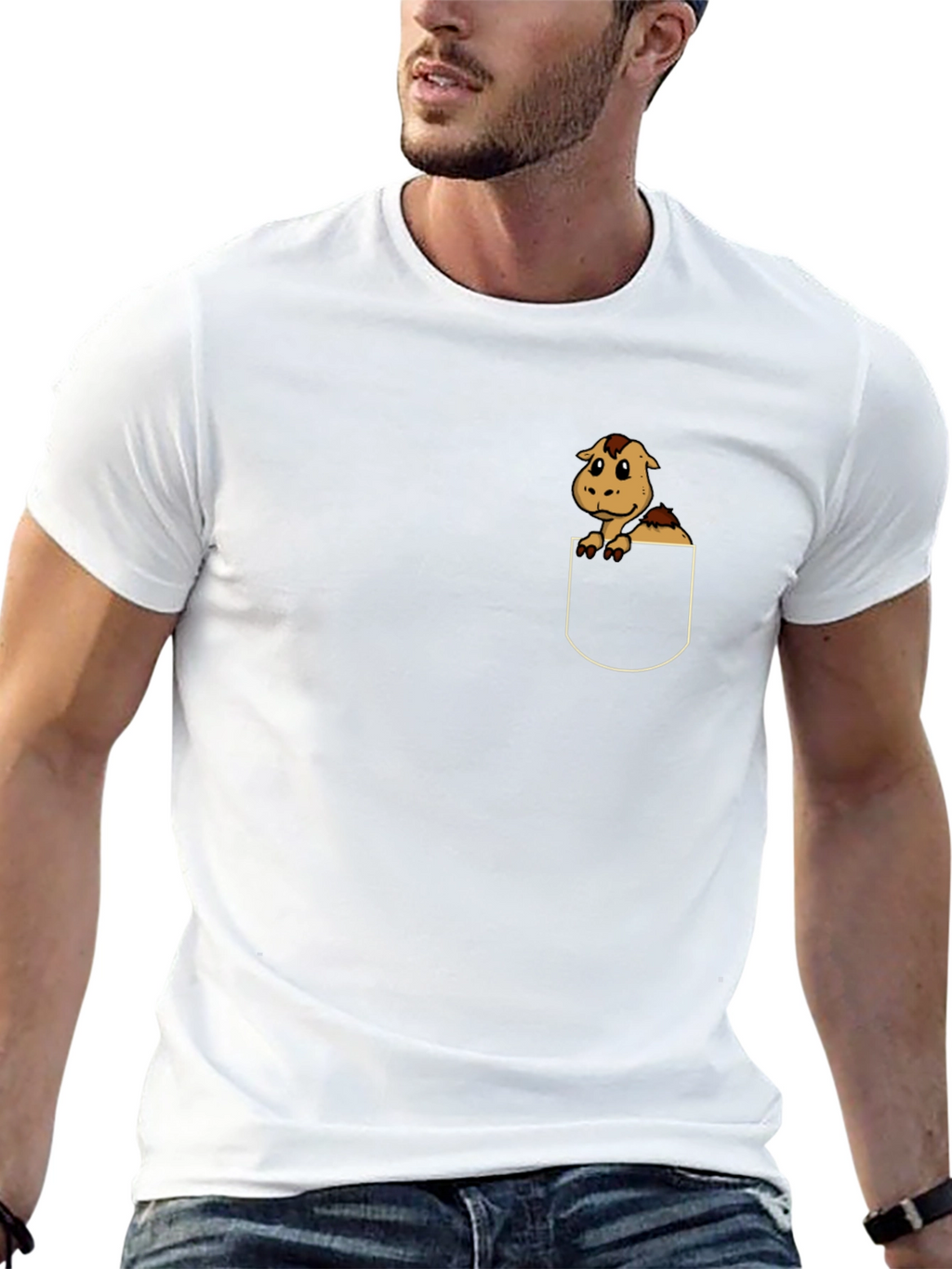 Cute Cartoon Horse in Pocket Black T-Shirt