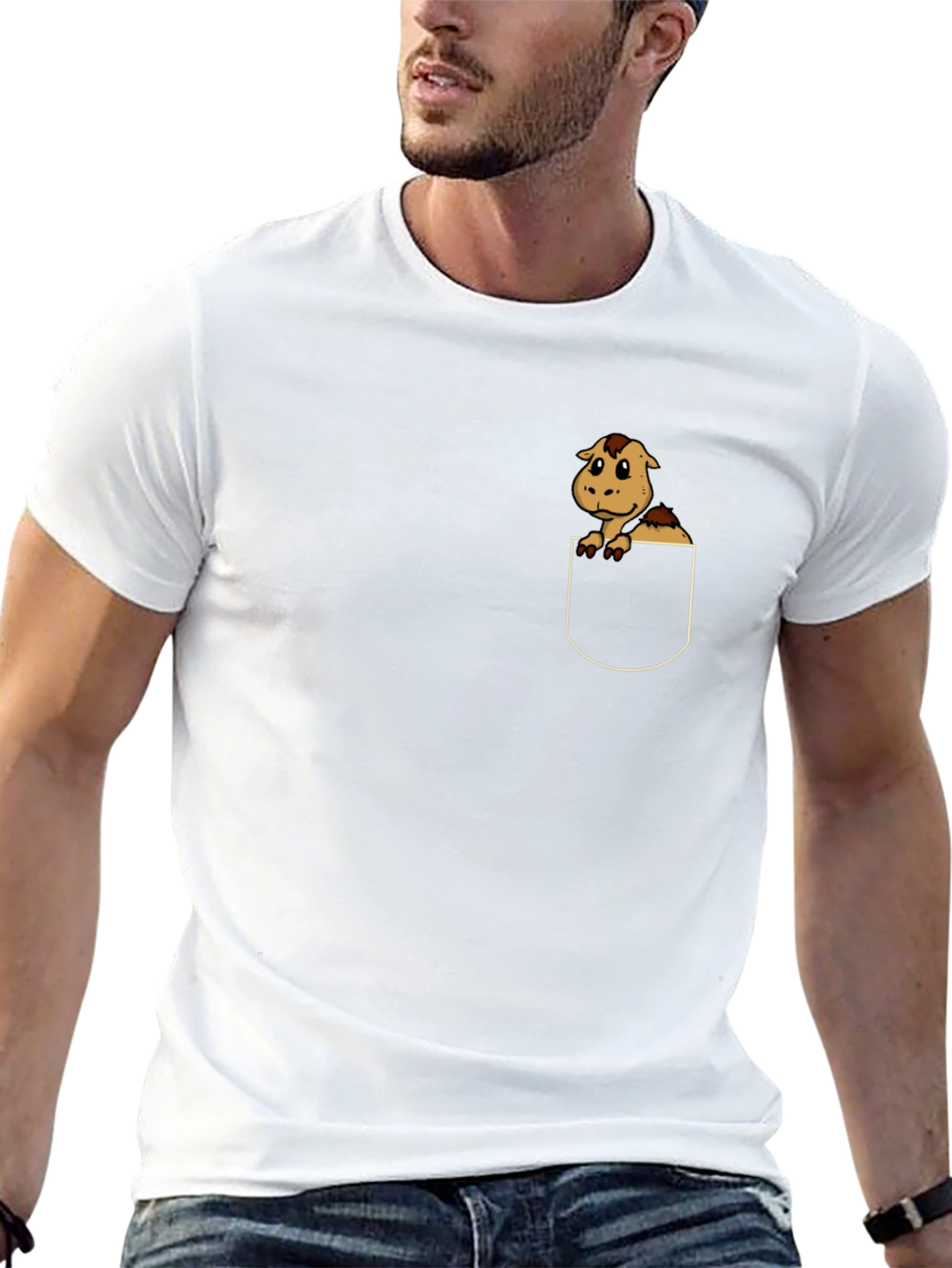 Cute Cartoon Horse in Pocket Black T-Shirt