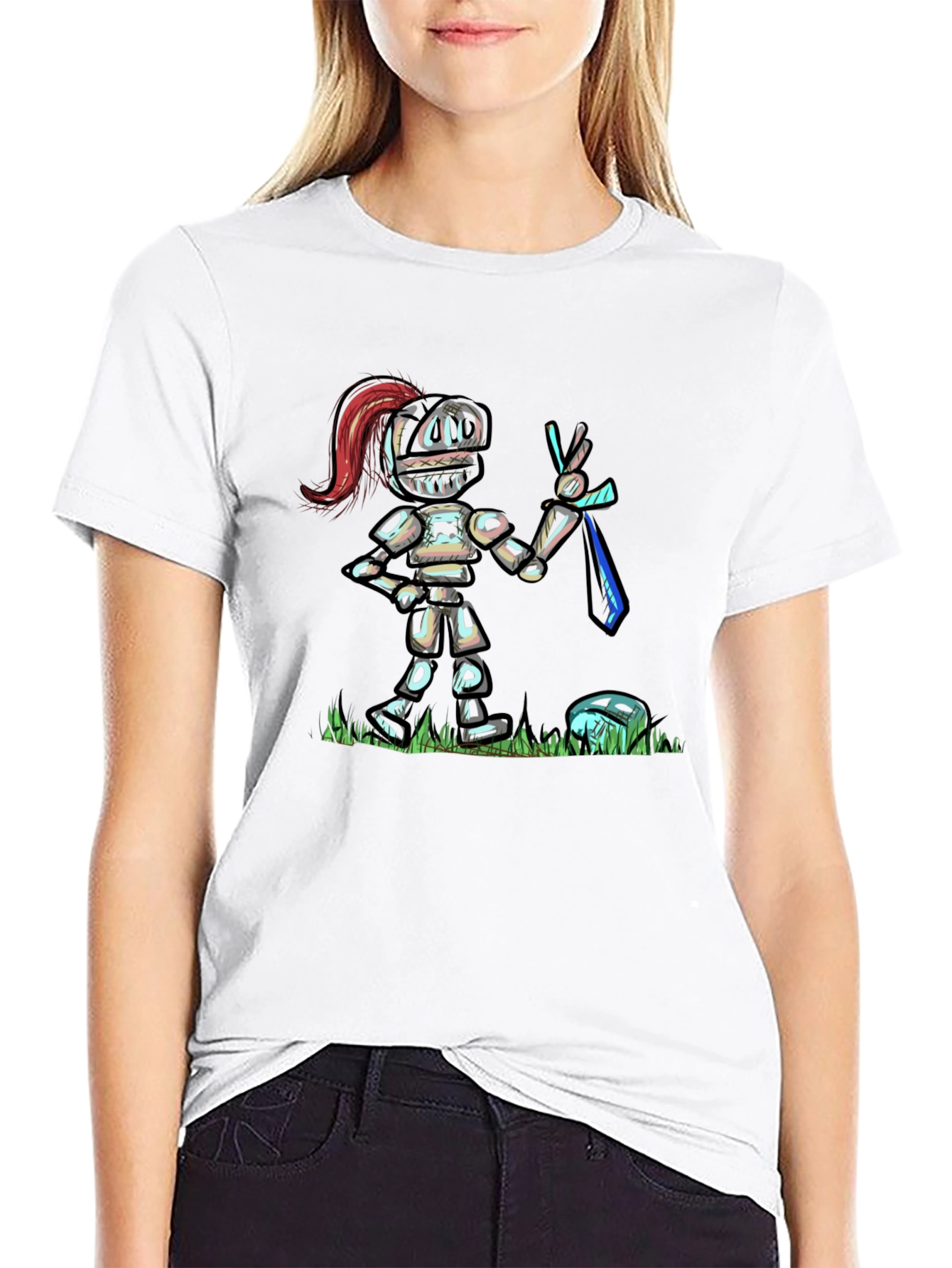 Cartoon Knight T-Shirt - Black Cotton Tee