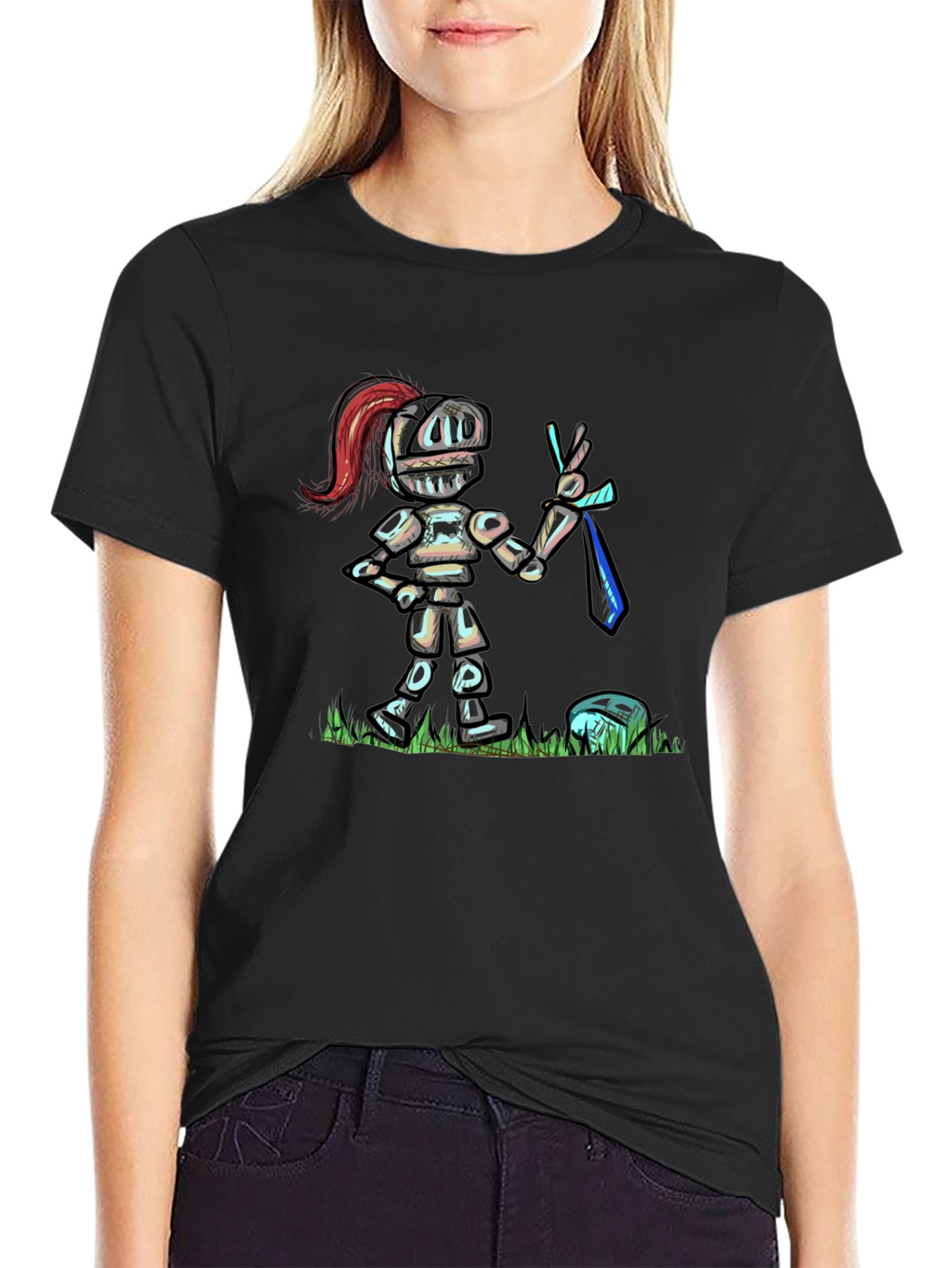 Cartoon Knight T-Shirt - Black Cotton Tee