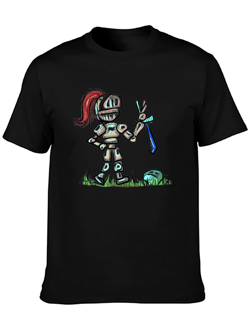 Cartoon Knight T-Shirt - Black Cotton Tee