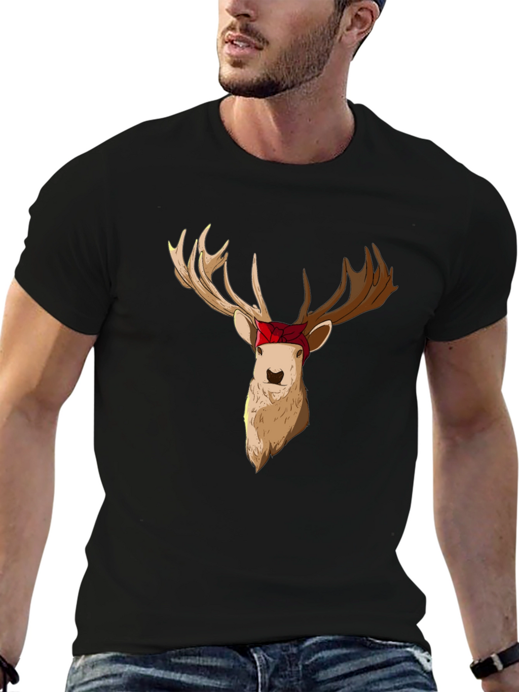 Deer with Bandana Graphic Tee - Black T-Shirt