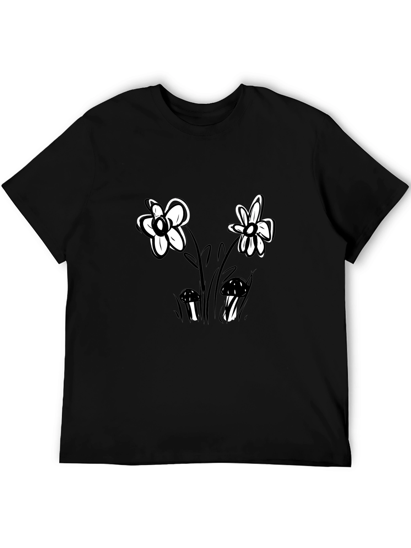 Floral Mushroom Graphic Black T-Shirt