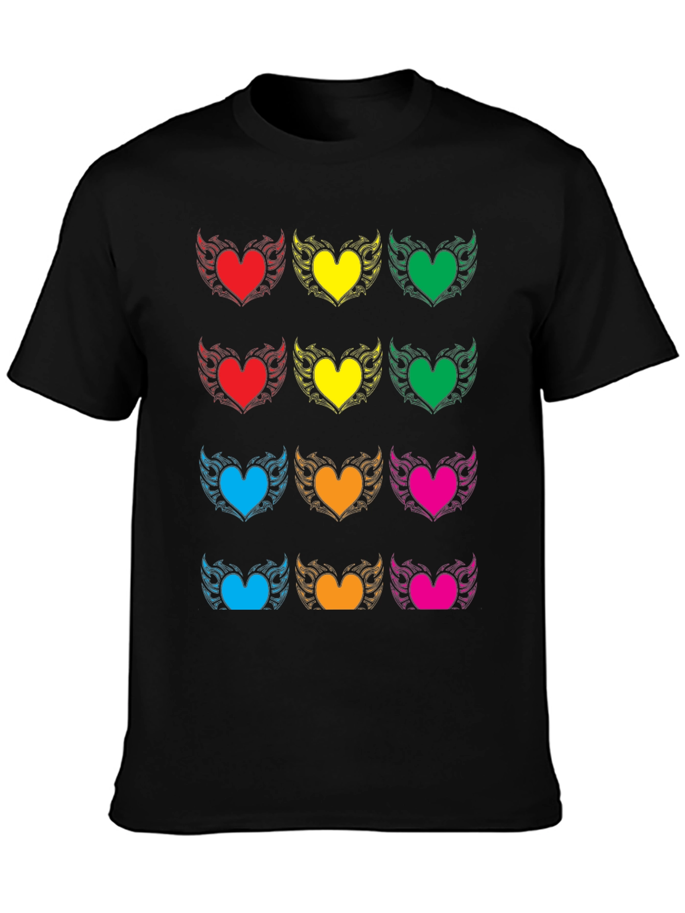 Colorful Heart Wing Graphic Black T-Shirt