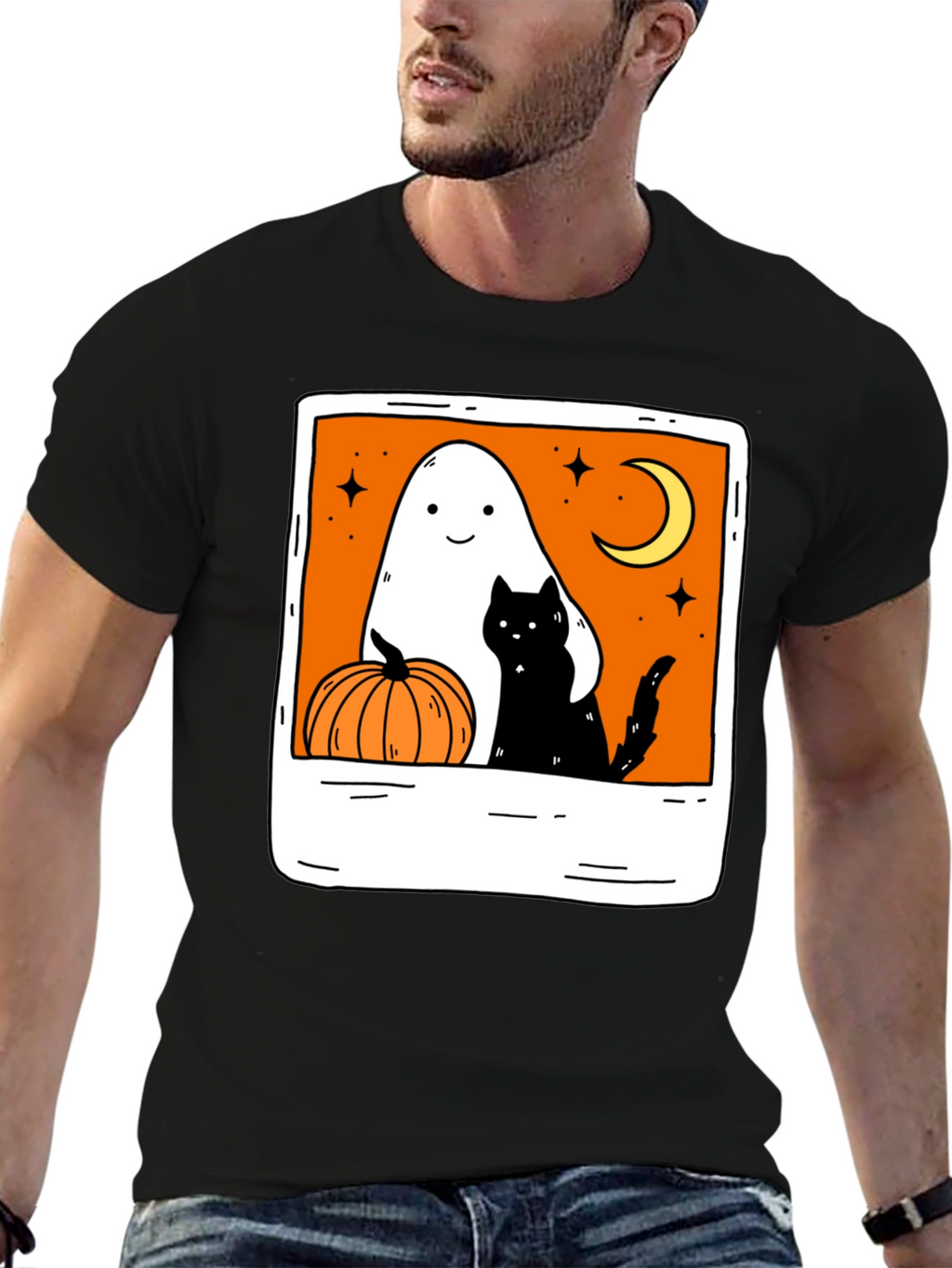 Spooky Season Black Tee - Ghost Cat Pumpkin