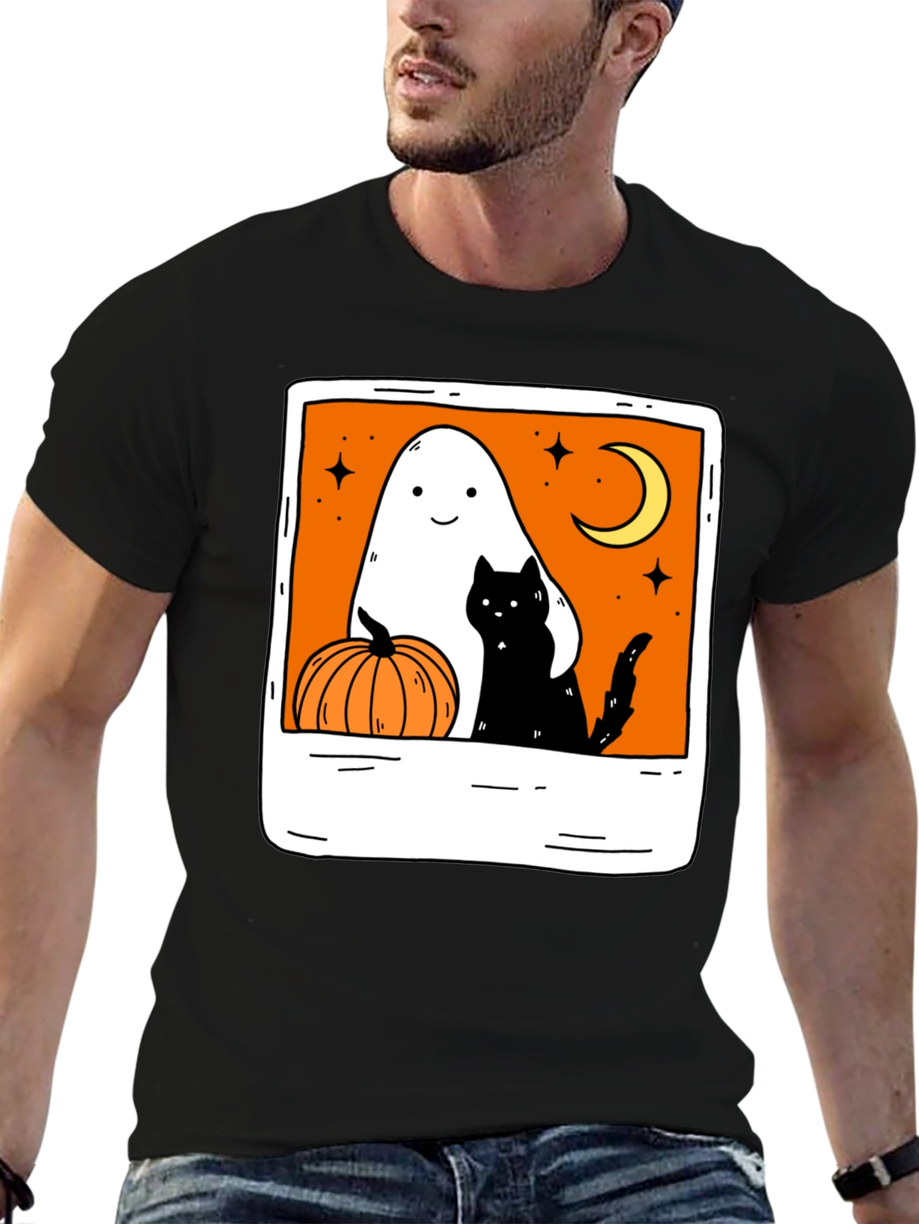 Spooky Season Black Tee - Ghost Cat Pumpkin