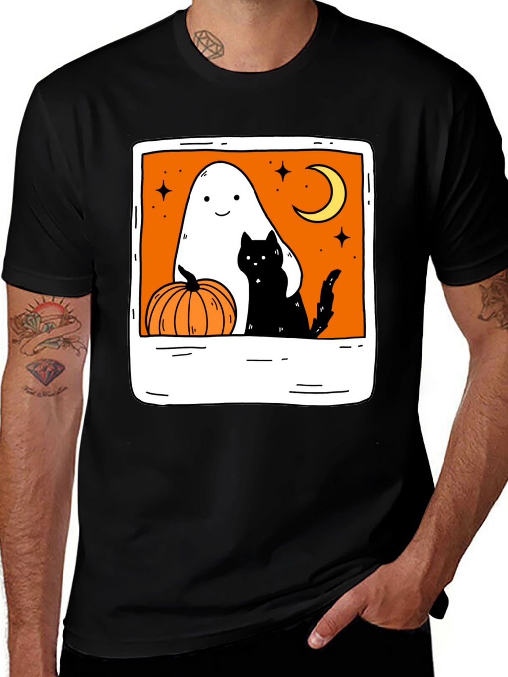 Spooky Season Black Tee - Ghost Cat Pumpkin