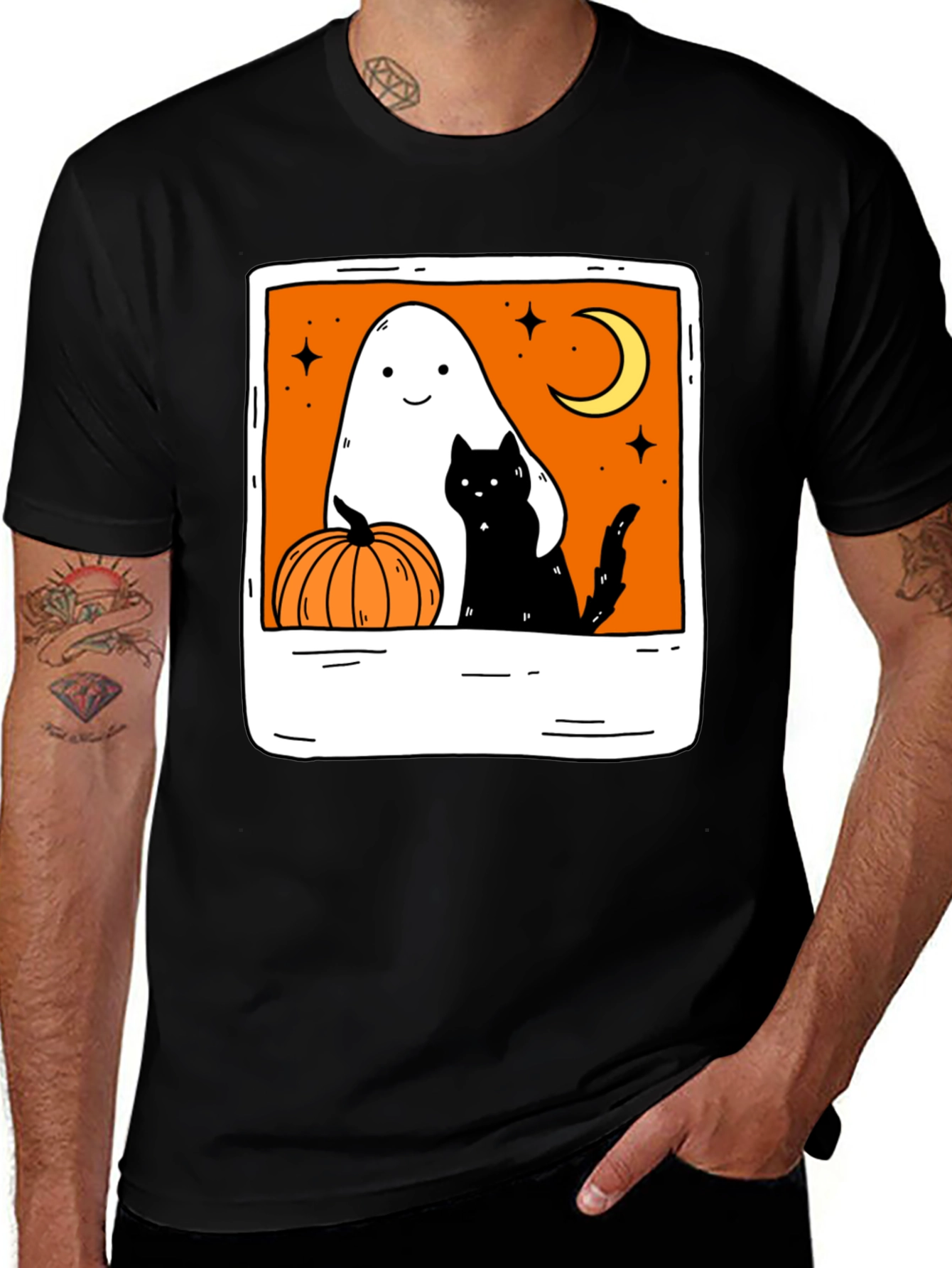 Spooky Season Black Tee - Ghost Cat Pumpkin