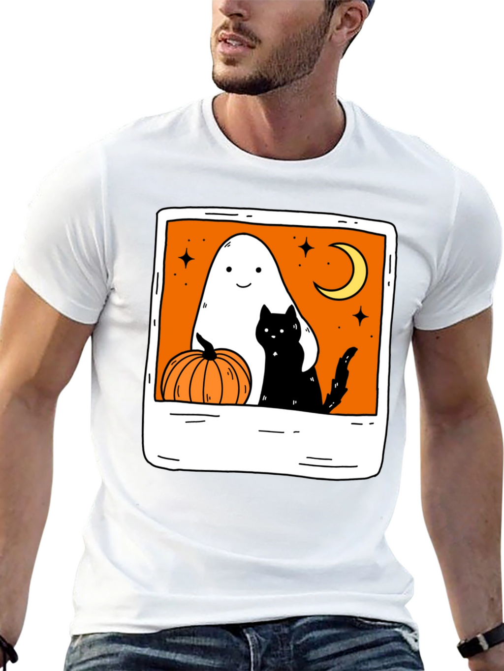 Spooky Season Black Tee - Ghost Cat Pumpkin