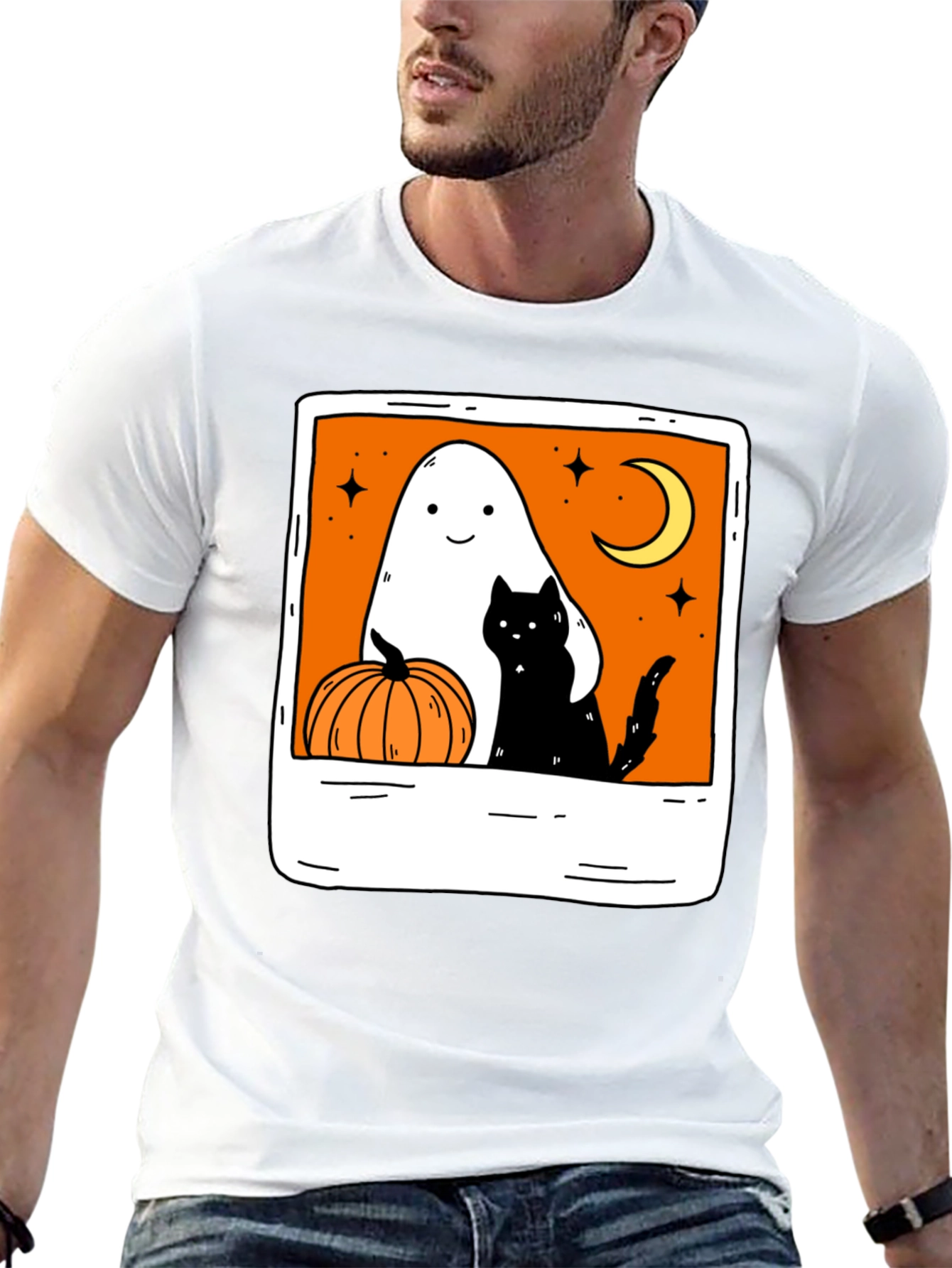 Spooky Season Black Tee - Ghost Cat Pumpkin