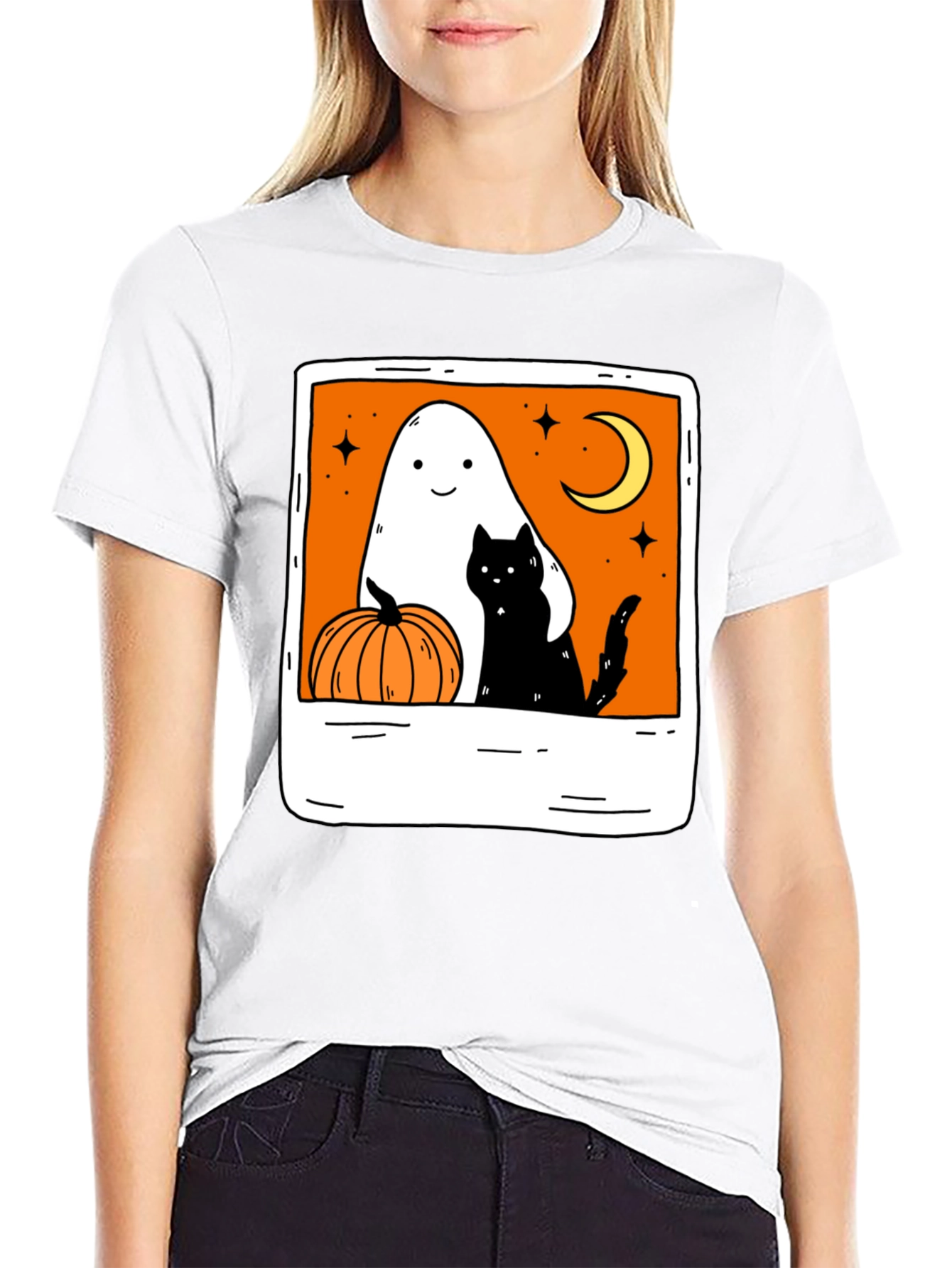 Spooky Season Black Tee - Ghost Cat Pumpkin