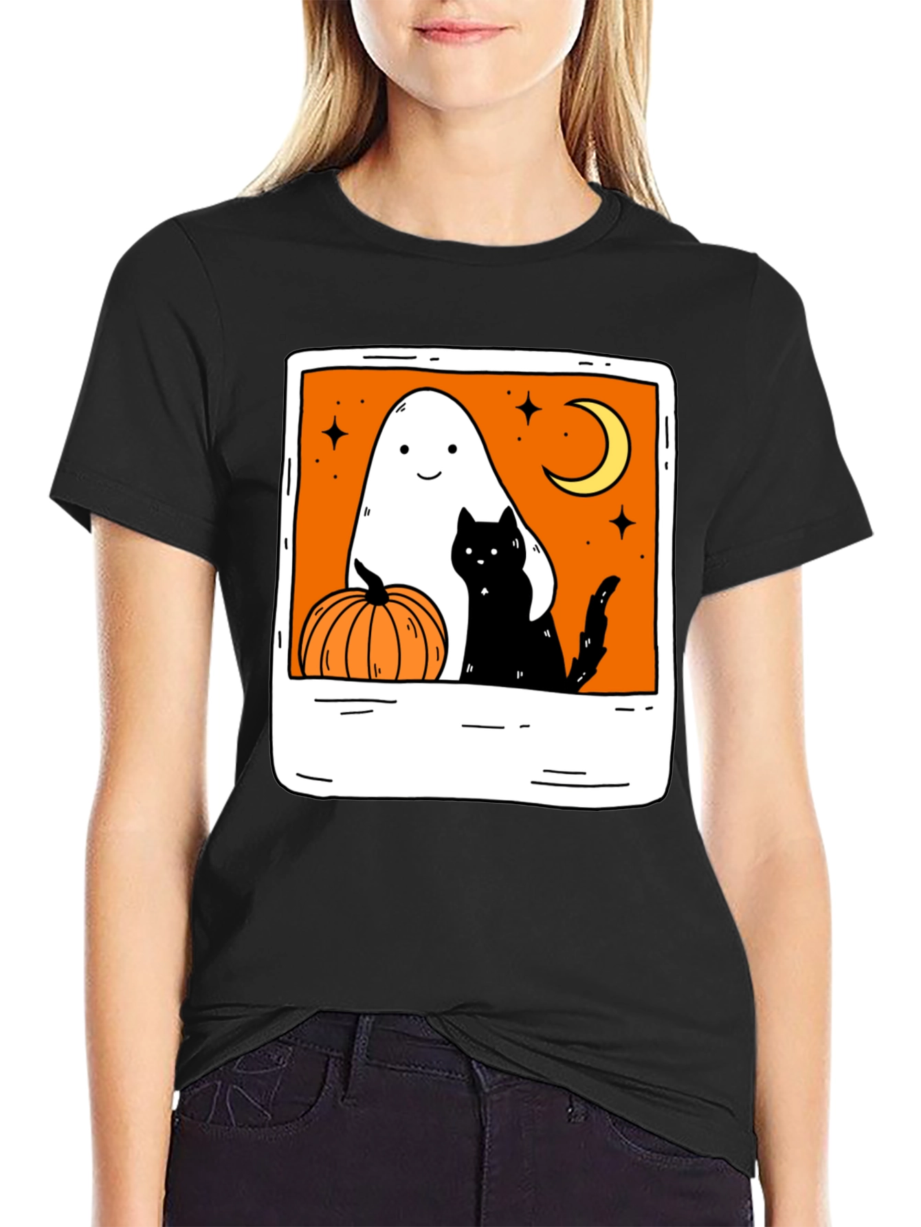 Spooky Season Black Tee - Ghost Cat Pumpkin