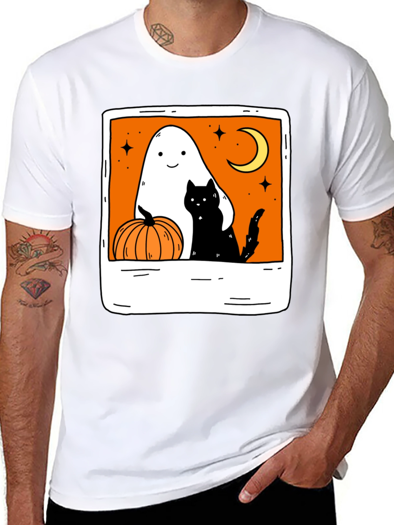 Spooky Season Black Tee - Ghost Cat Pumpkin