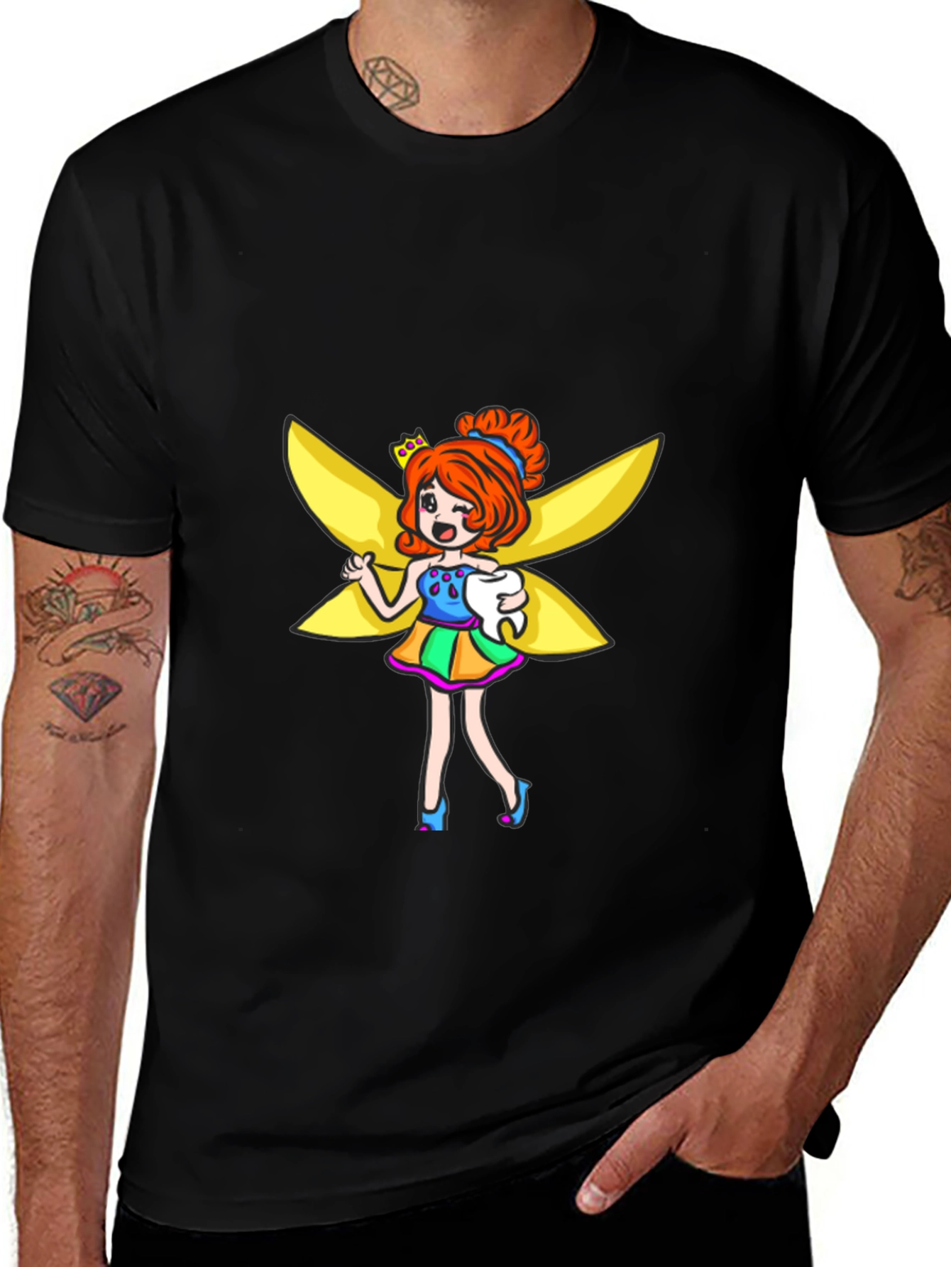 Tooth Fairy Cartoon Graphic Black T-Shirt