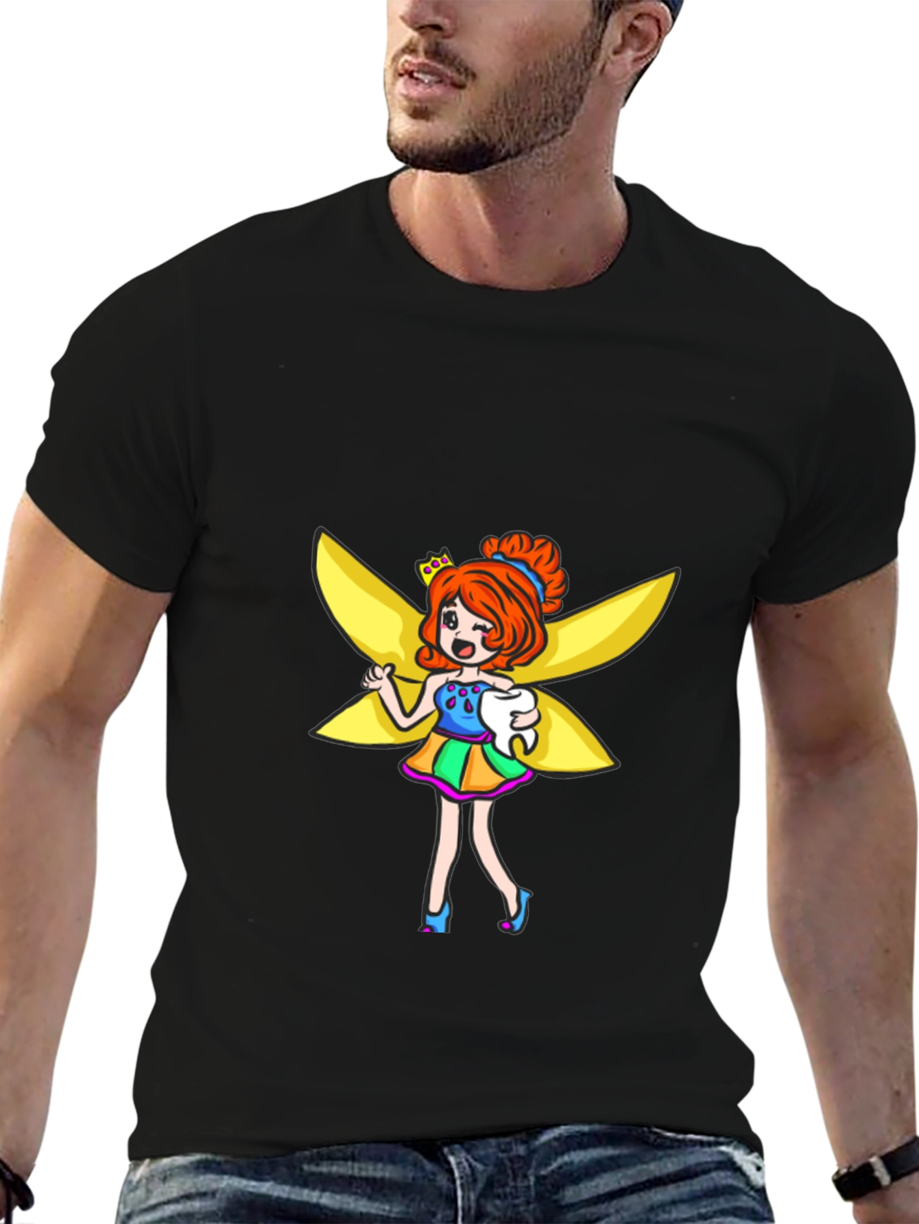 Tooth Fairy Cartoon Graphic Black T-Shirt