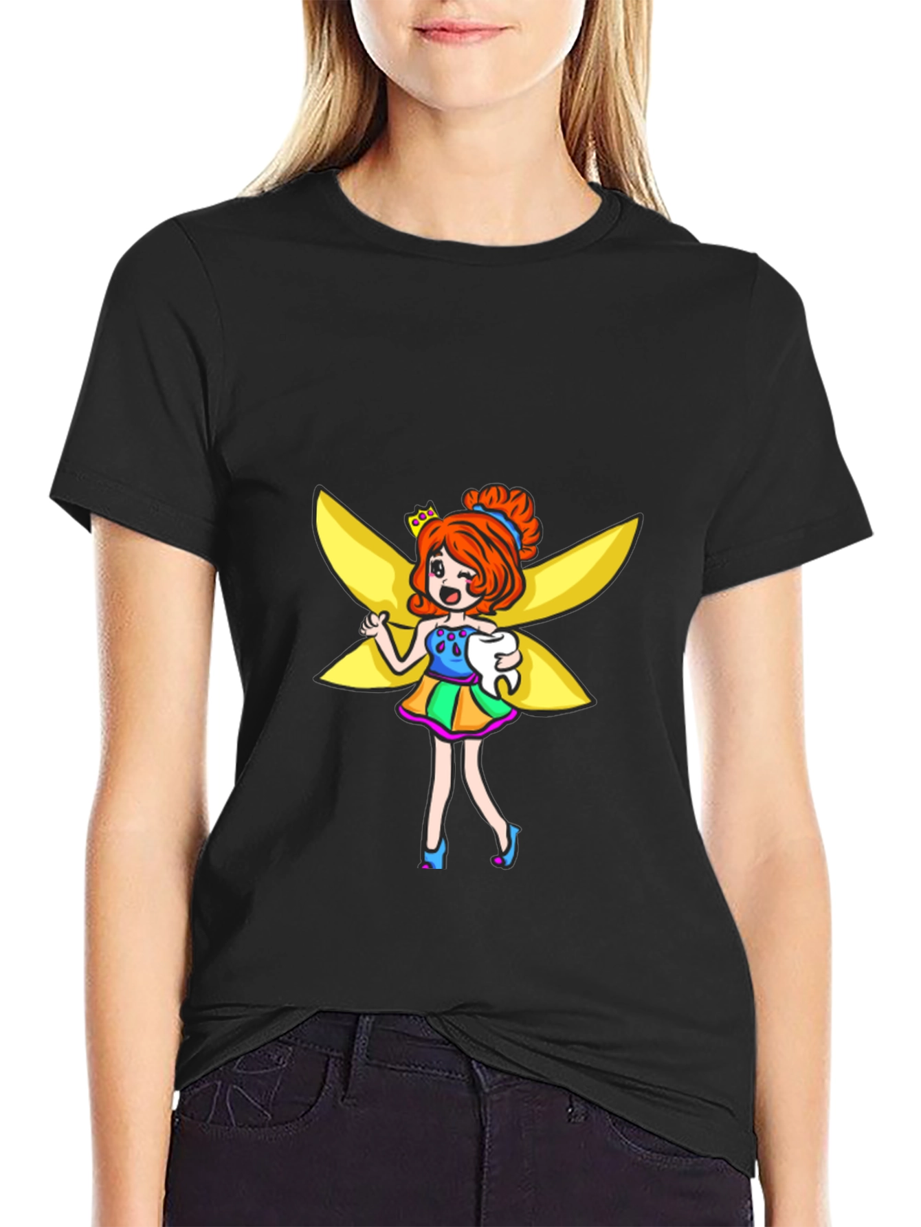 Tooth Fairy Cartoon Graphic Black T-Shirt