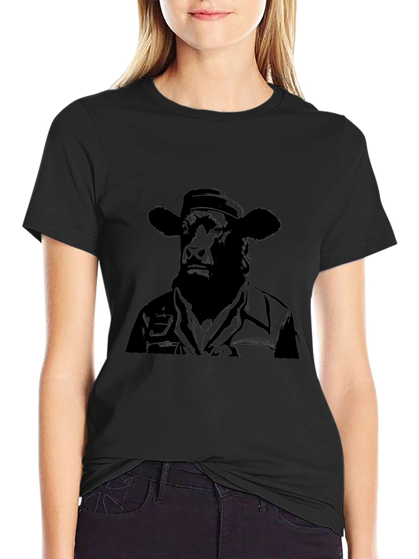 Cowboy Cow Graphic Tee - Black Cotton Blend T-Shirt
