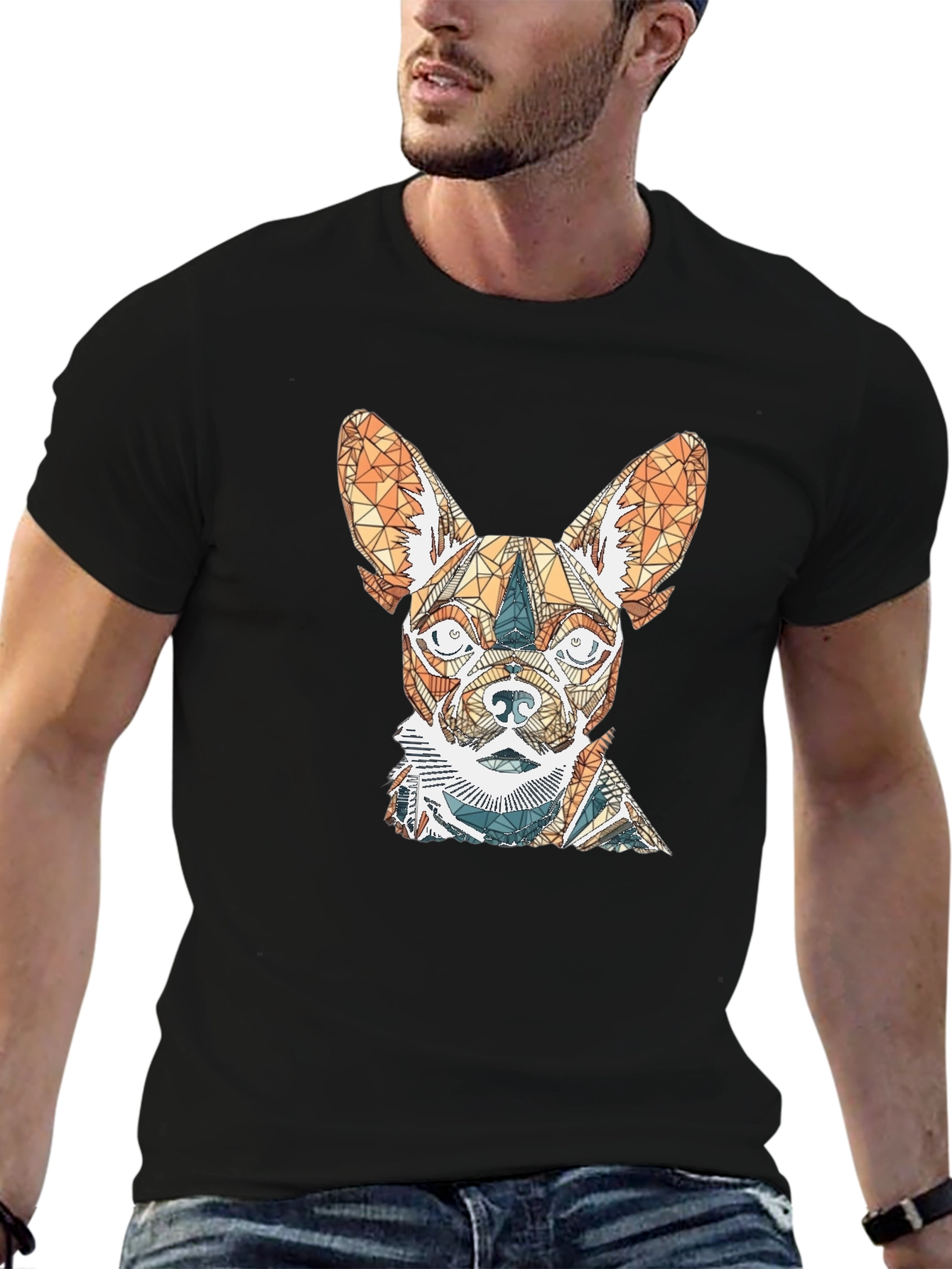 Geometric Dog Graphic Tee - Stylish Mens Black T-Shirt