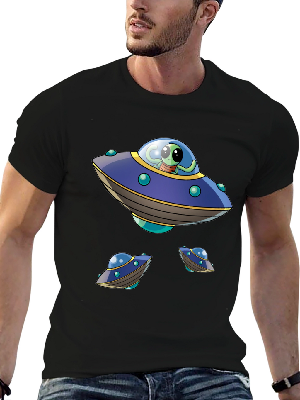 Alien UFO Graphic Print Black T-Shirt