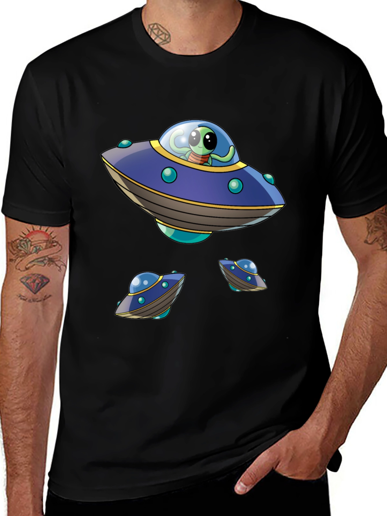 Alien UFO Graphic Print Black T-Shirt