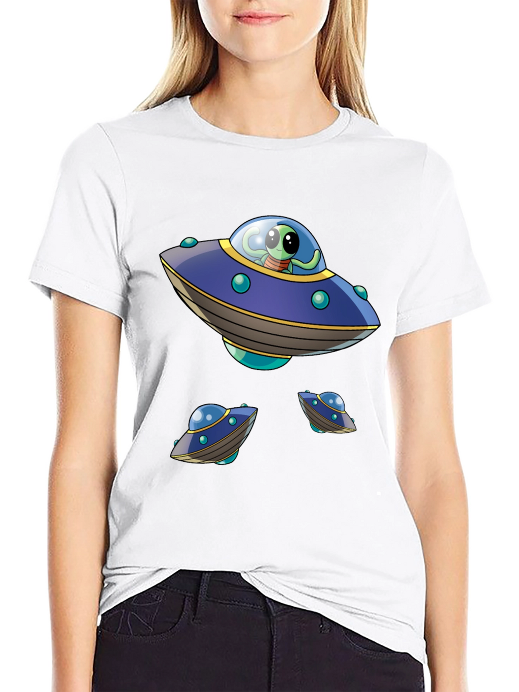 Alien UFO Graphic Print Black T-Shirt