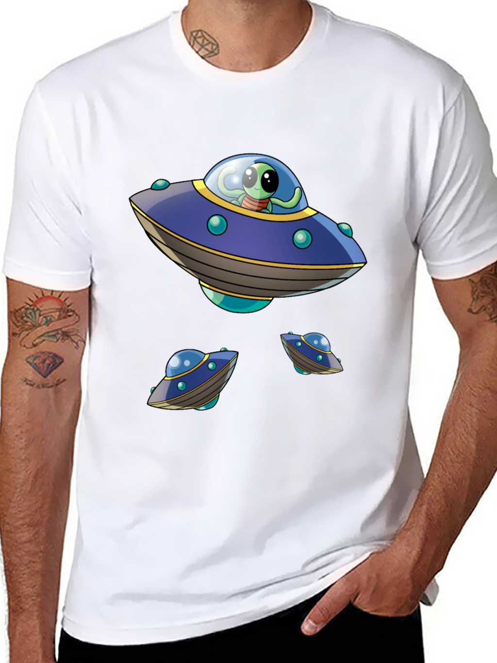 Alien UFO Graphic Print Black T-Shirt