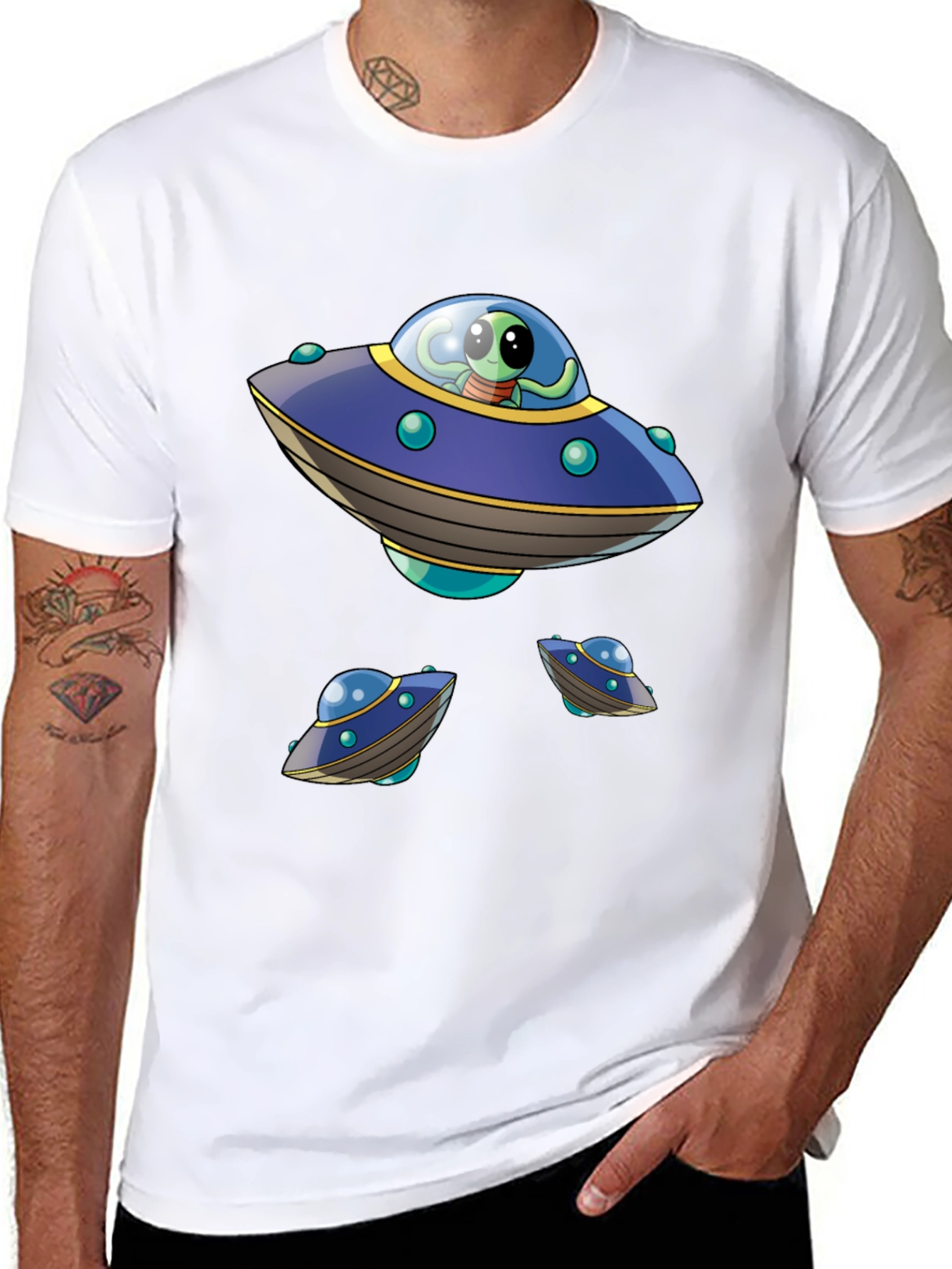 Alien UFO Graphic Print Black T-Shirt