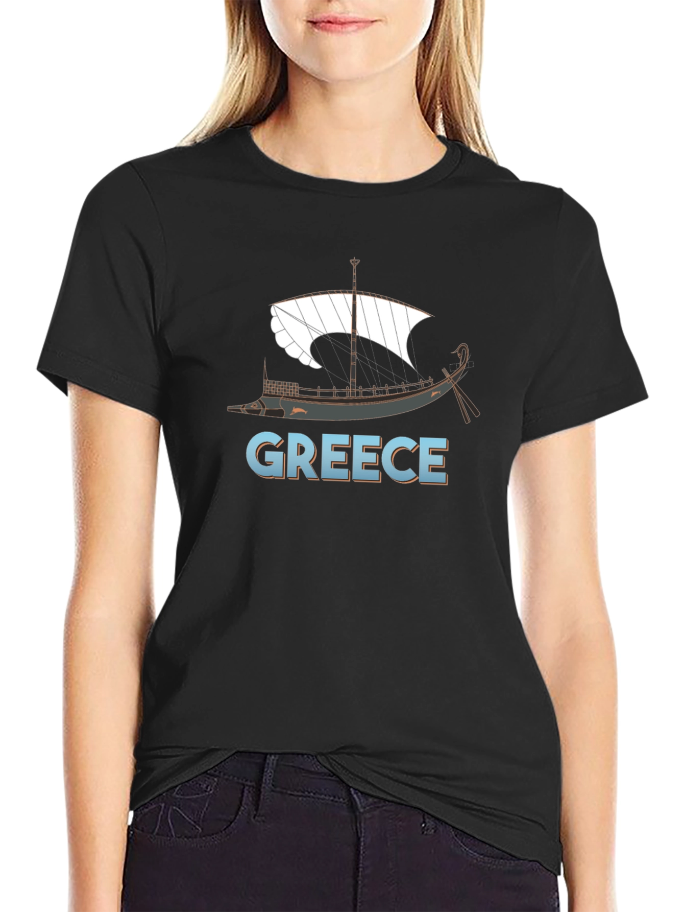 Greece Ancient Ship Graphic Tee - Black