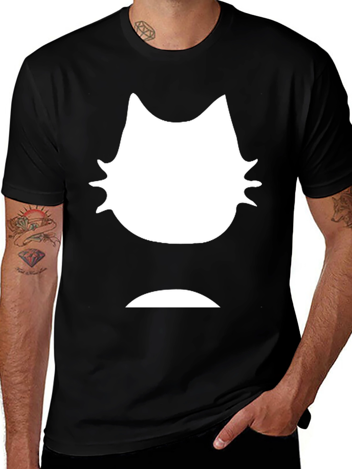 Mens Black T-Shirt - White Cat Graphic