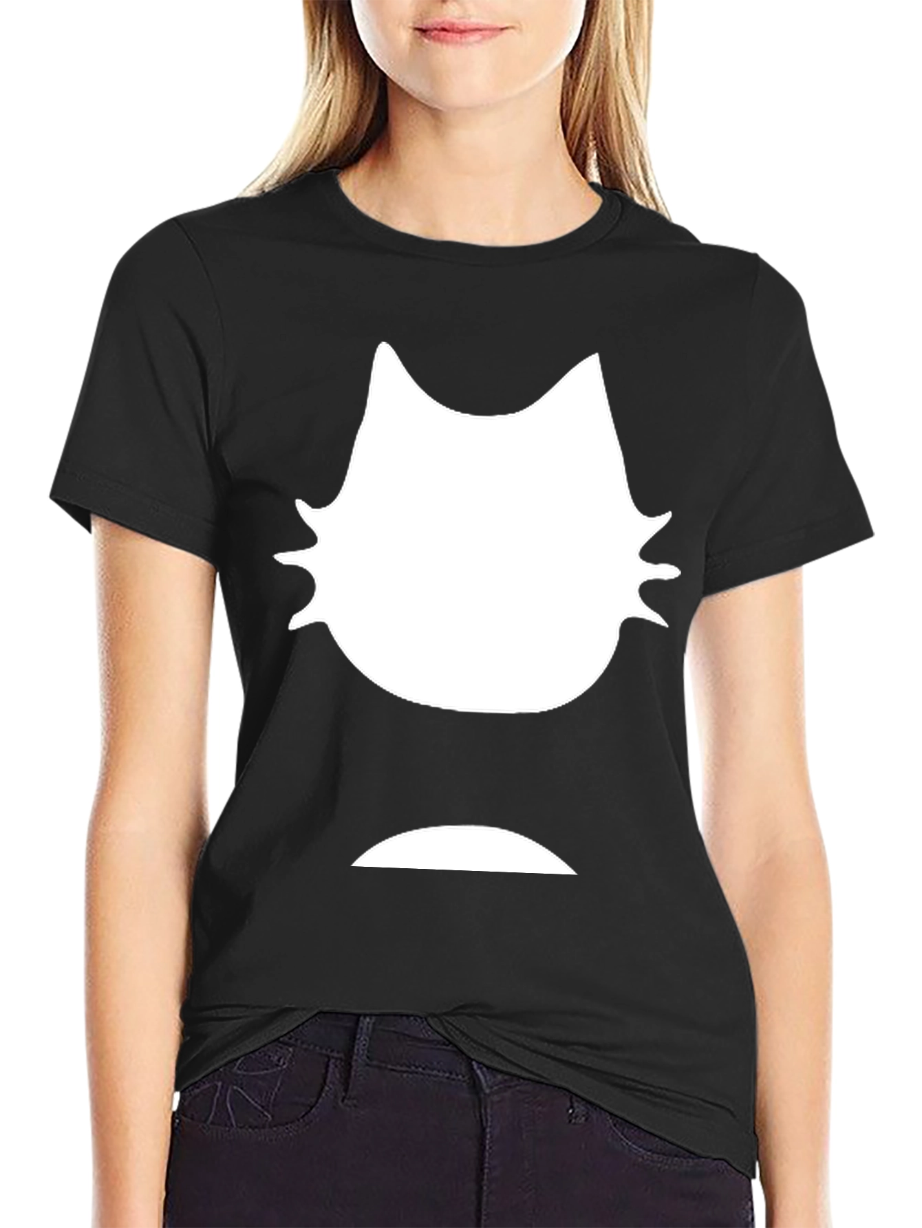Mens Black T-Shirt - White Cat Graphic