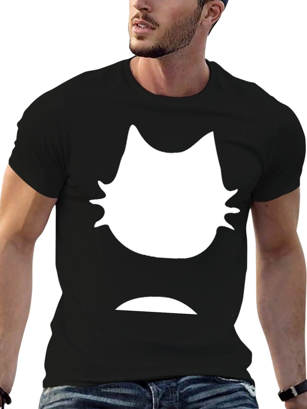 Mens Black T-Shirt - White Cat Graphic