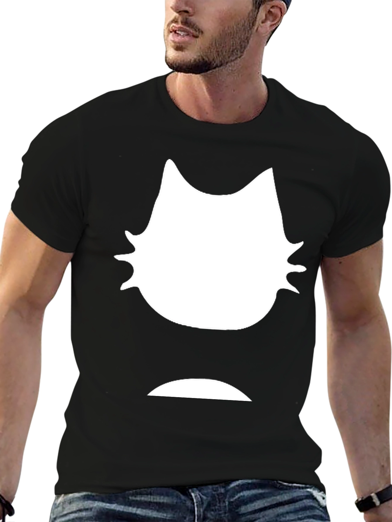 Mens Black T-Shirt - White Cat Graphic