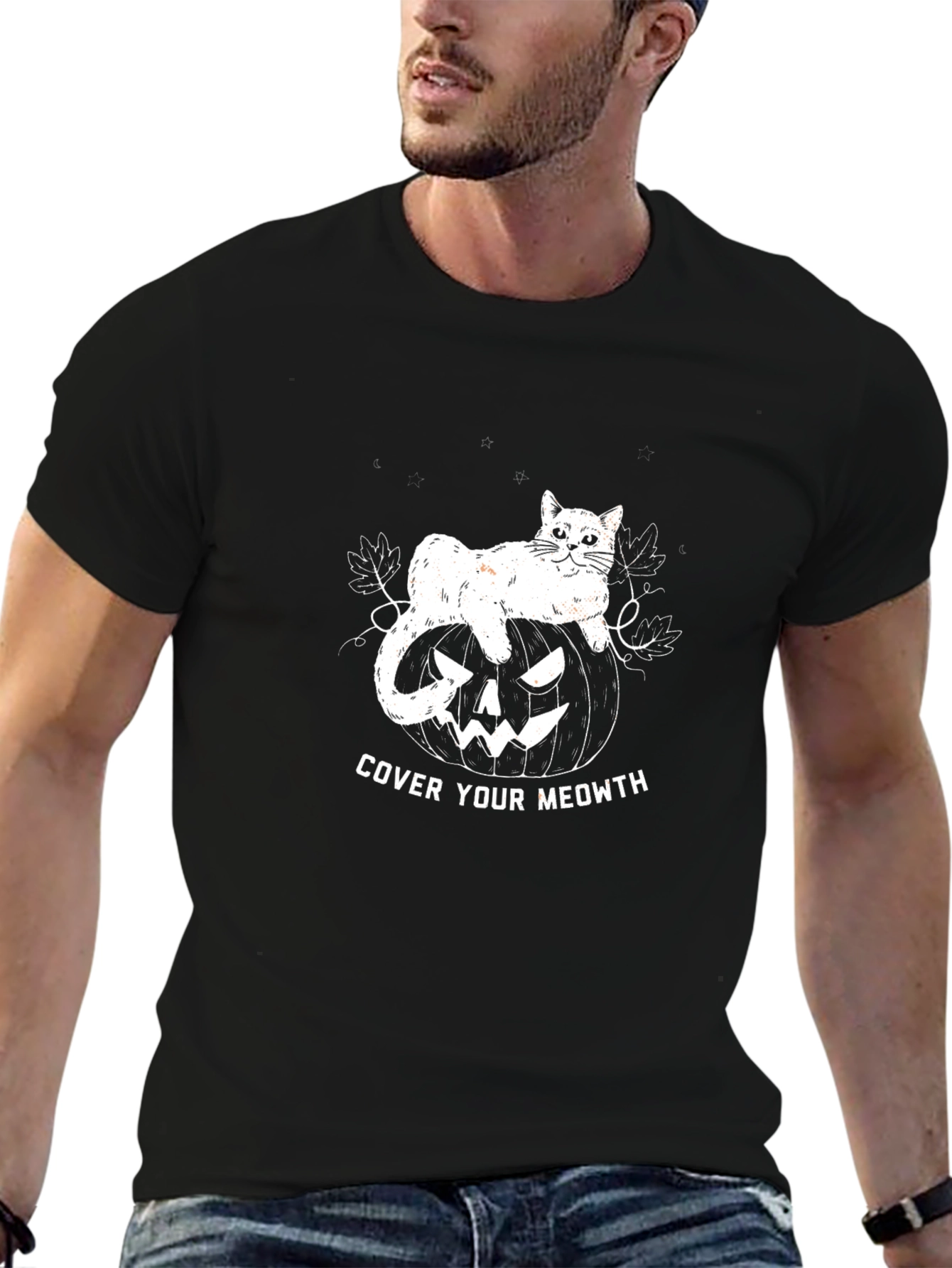 Cover Your Meowth Halloween Cat Pumpkin Black T-shirt