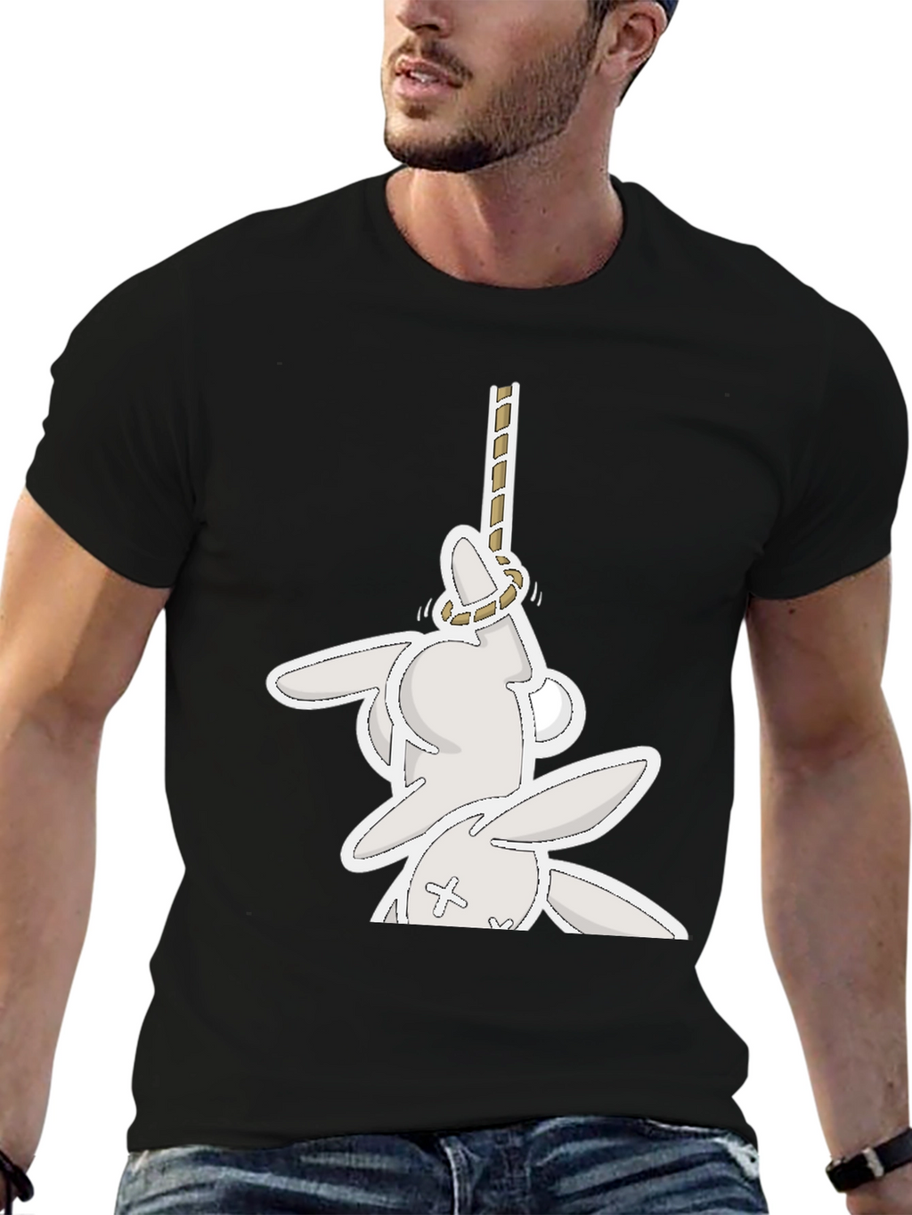 Funny Graphic Tee: Playful Bunny Hanged Design T-Shirt