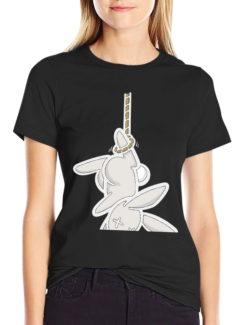 Funny Graphic Tee: Playful Bunny Hanged Design T-Shirt