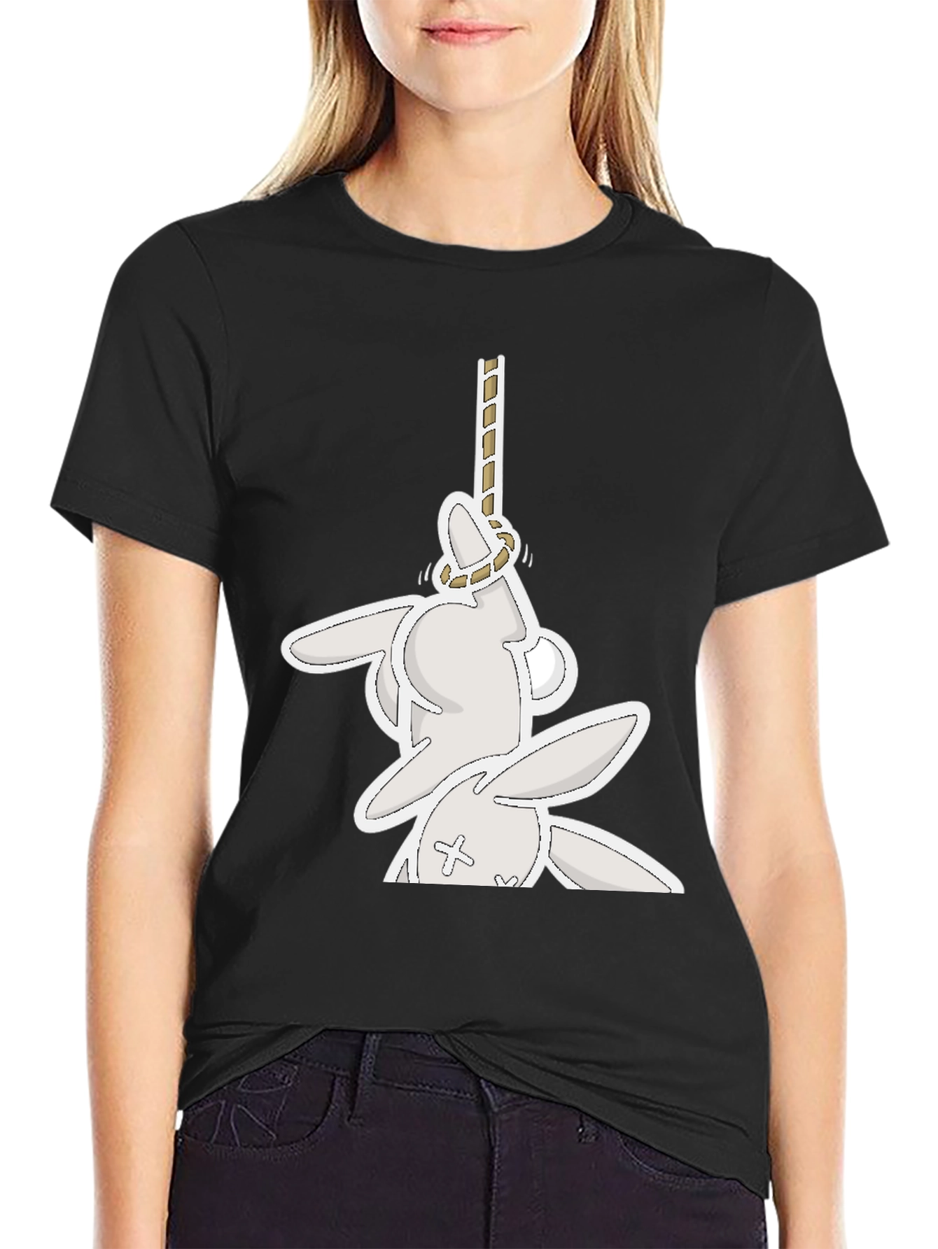 Funny Graphic Tee: Playful Bunny Hanged Design T-Shirt