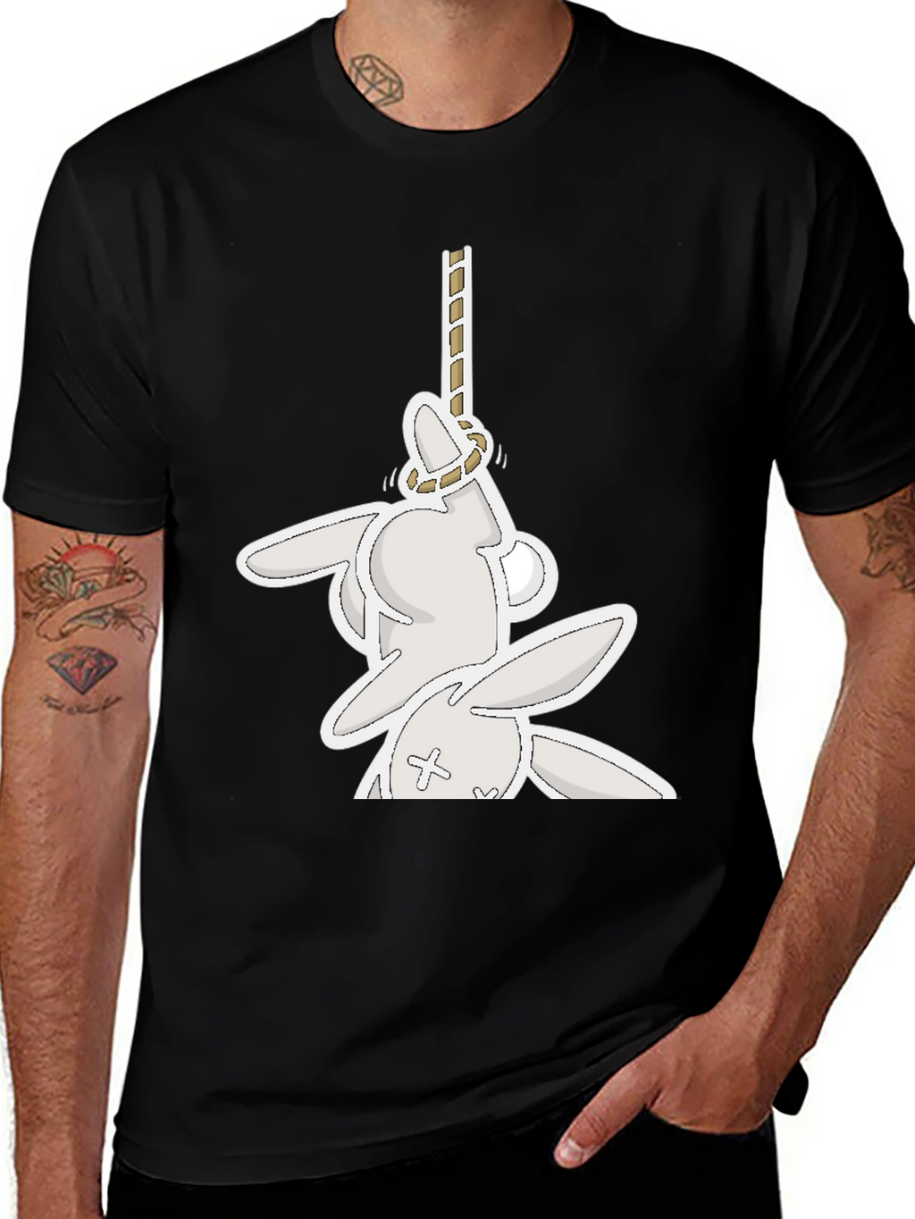 Funny Graphic Tee: Playful Bunny Hanged Design T-Shirt