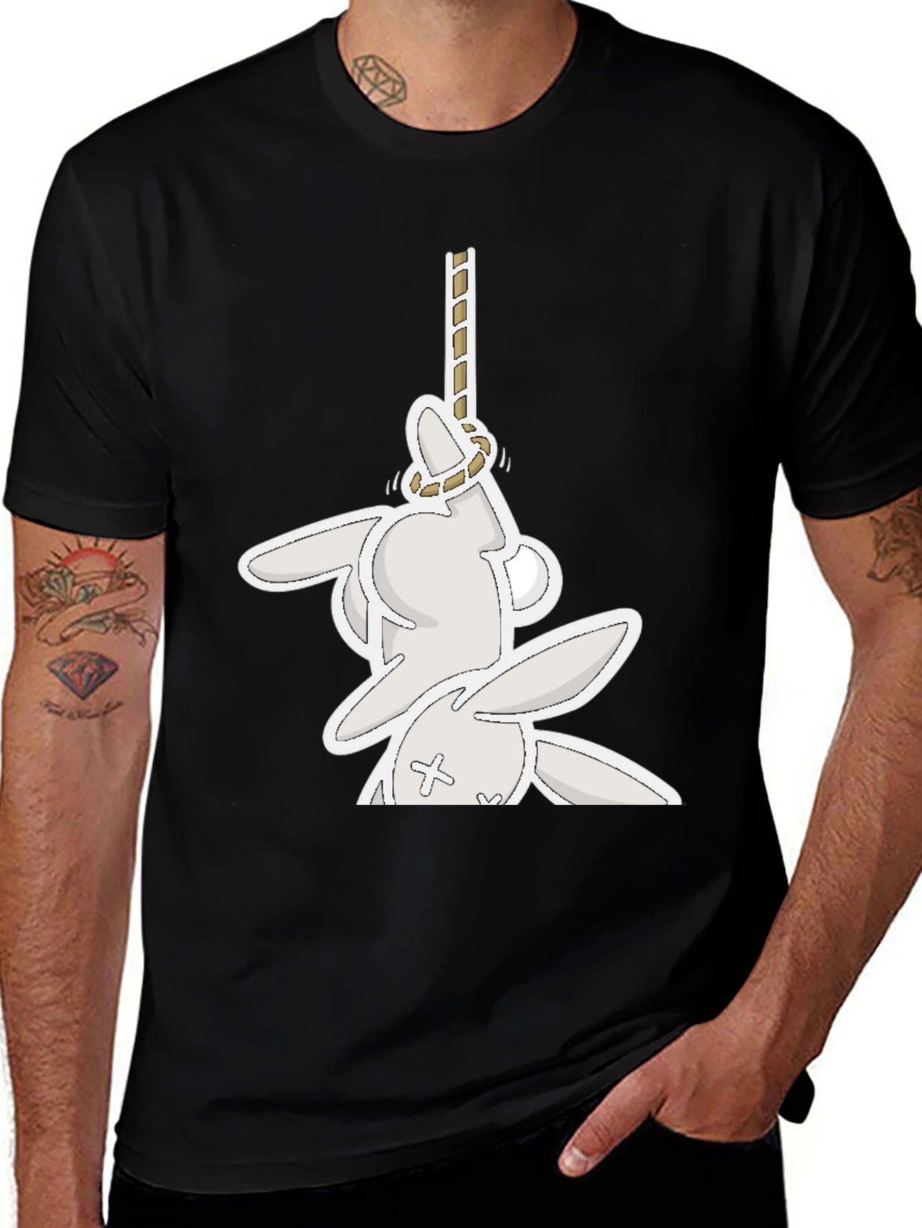 Funny Graphic Tee: Playful Bunny Hanged Design T-Shirt