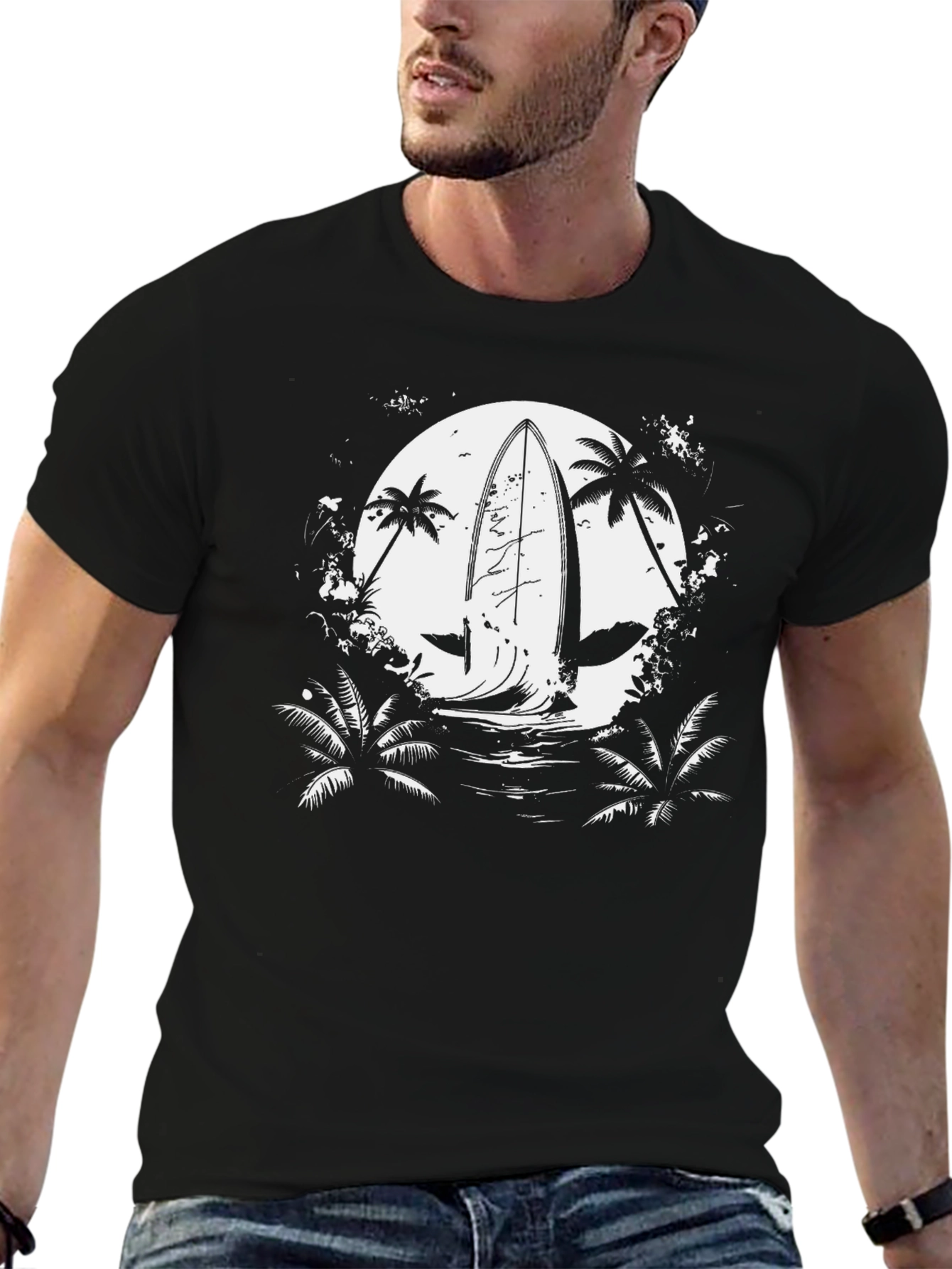 Surfboard Moon Graphic Tee - Black Cotton T-Shirt