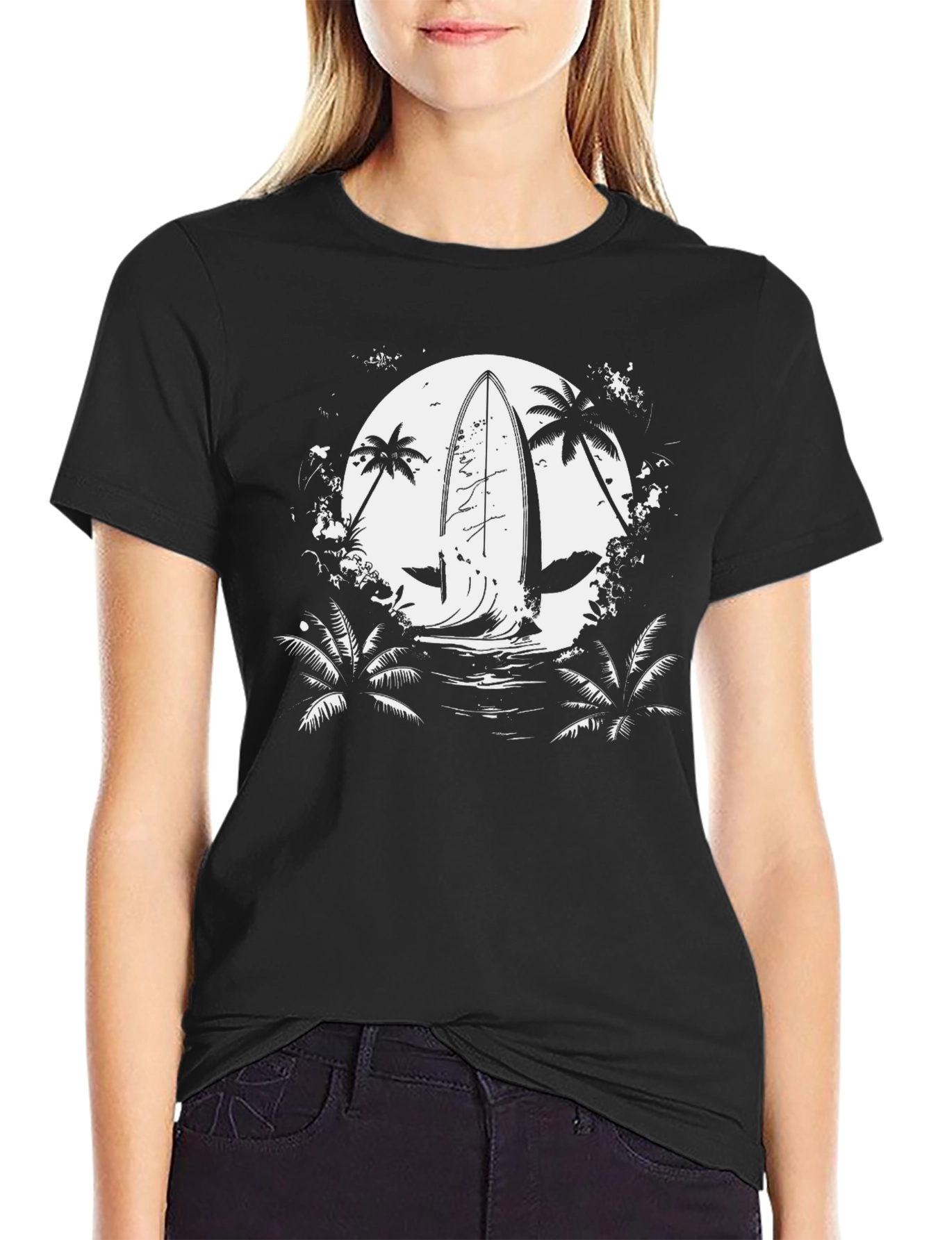 Surfboard Moon Graphic Tee - Black Cotton T-Shirt