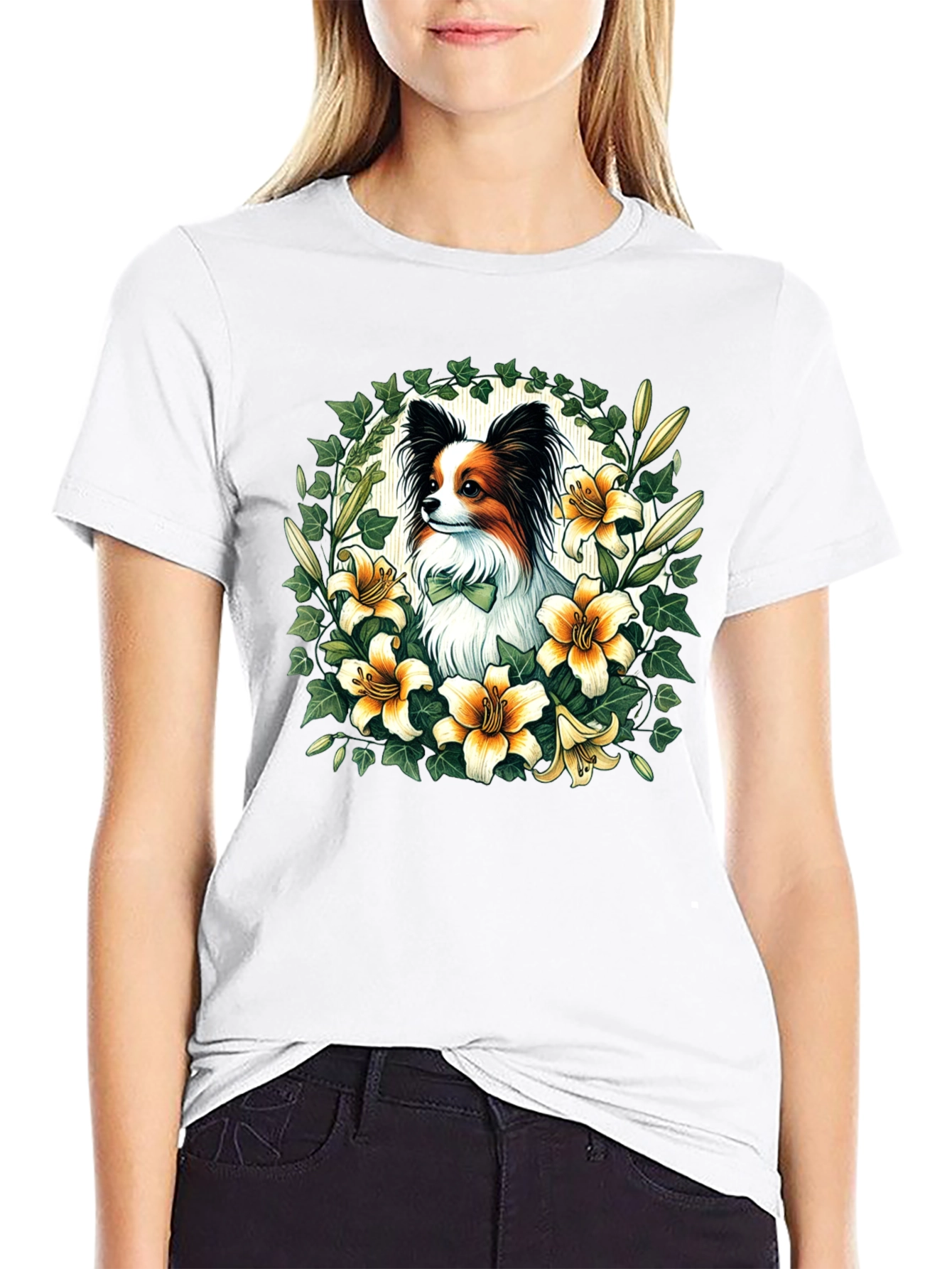 Papillon Dog Floral Wreath T-Shirt
