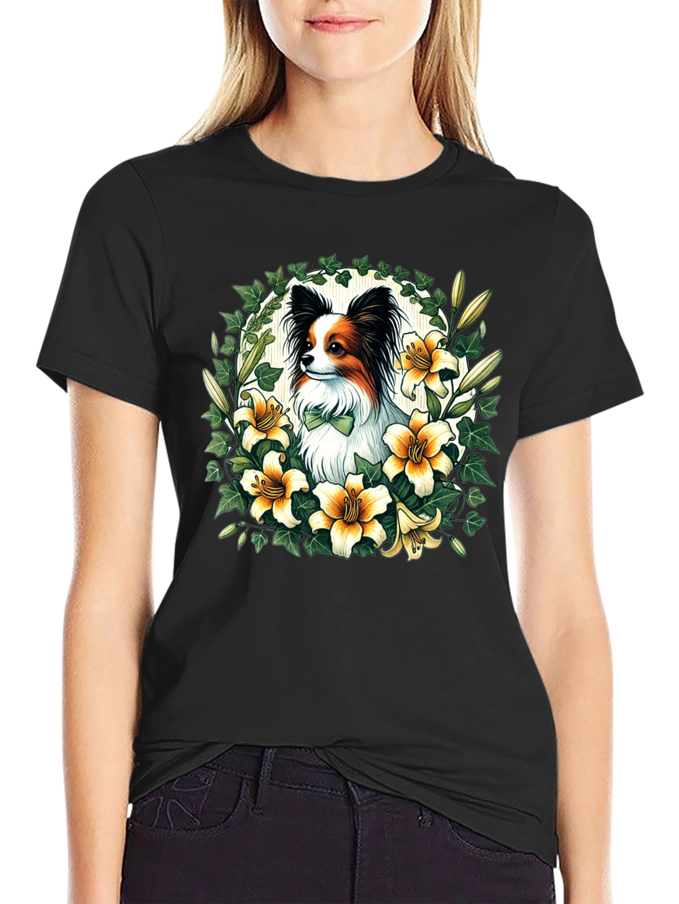 Papillon Dog Floral Wreath T-Shirt