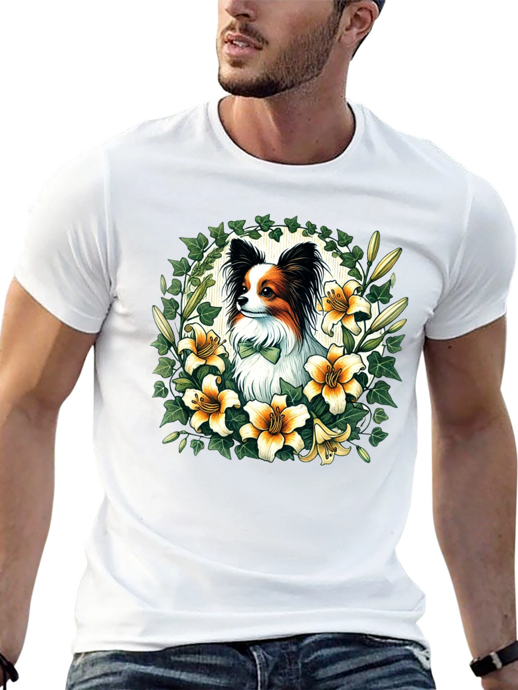 Papillon Dog Floral Wreath T-Shirt