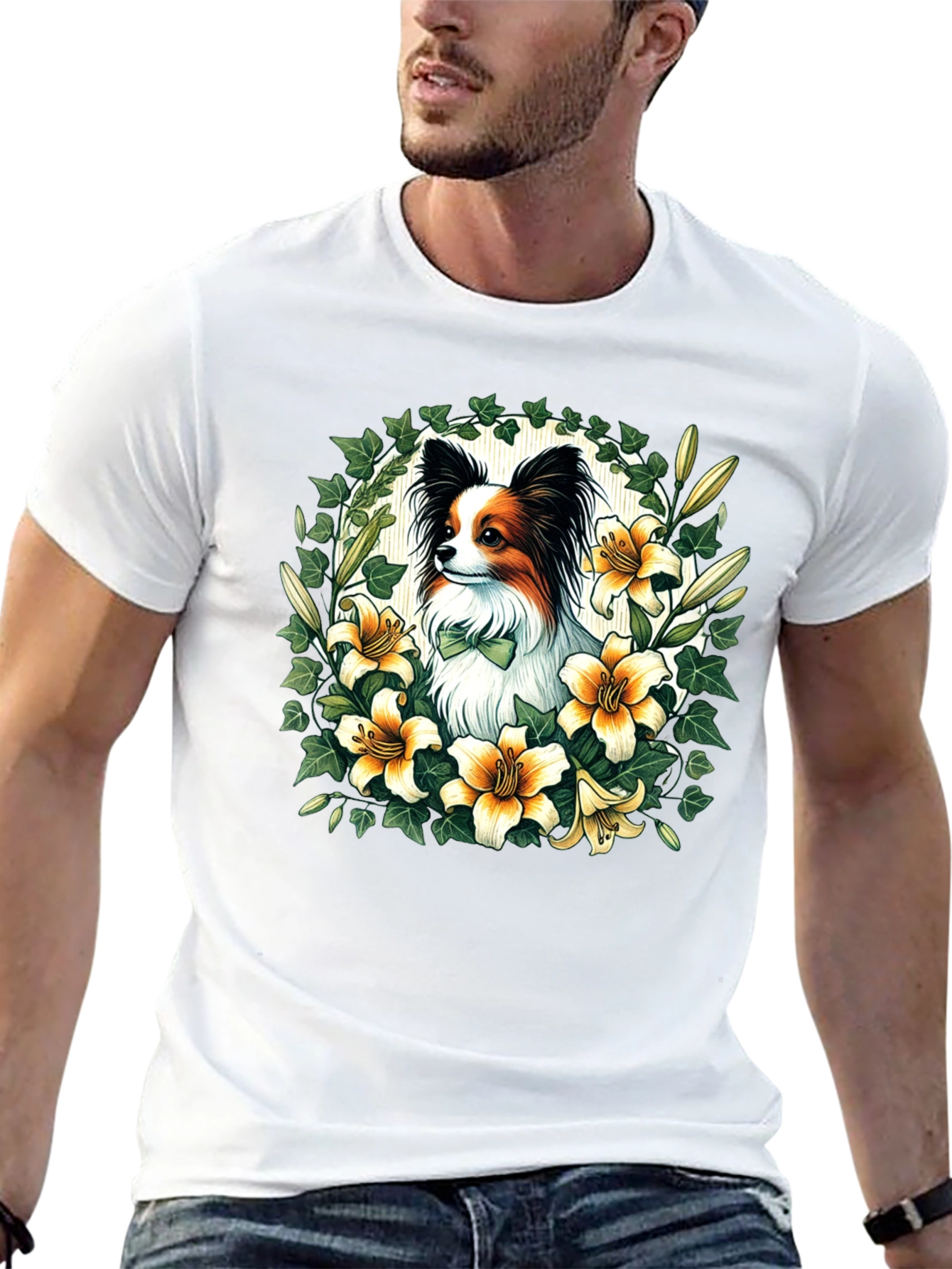 Papillon Dog Floral Wreath T-Shirt
