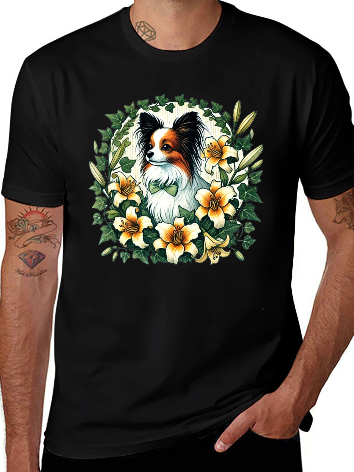 Papillon Dog Floral Wreath T-Shirt